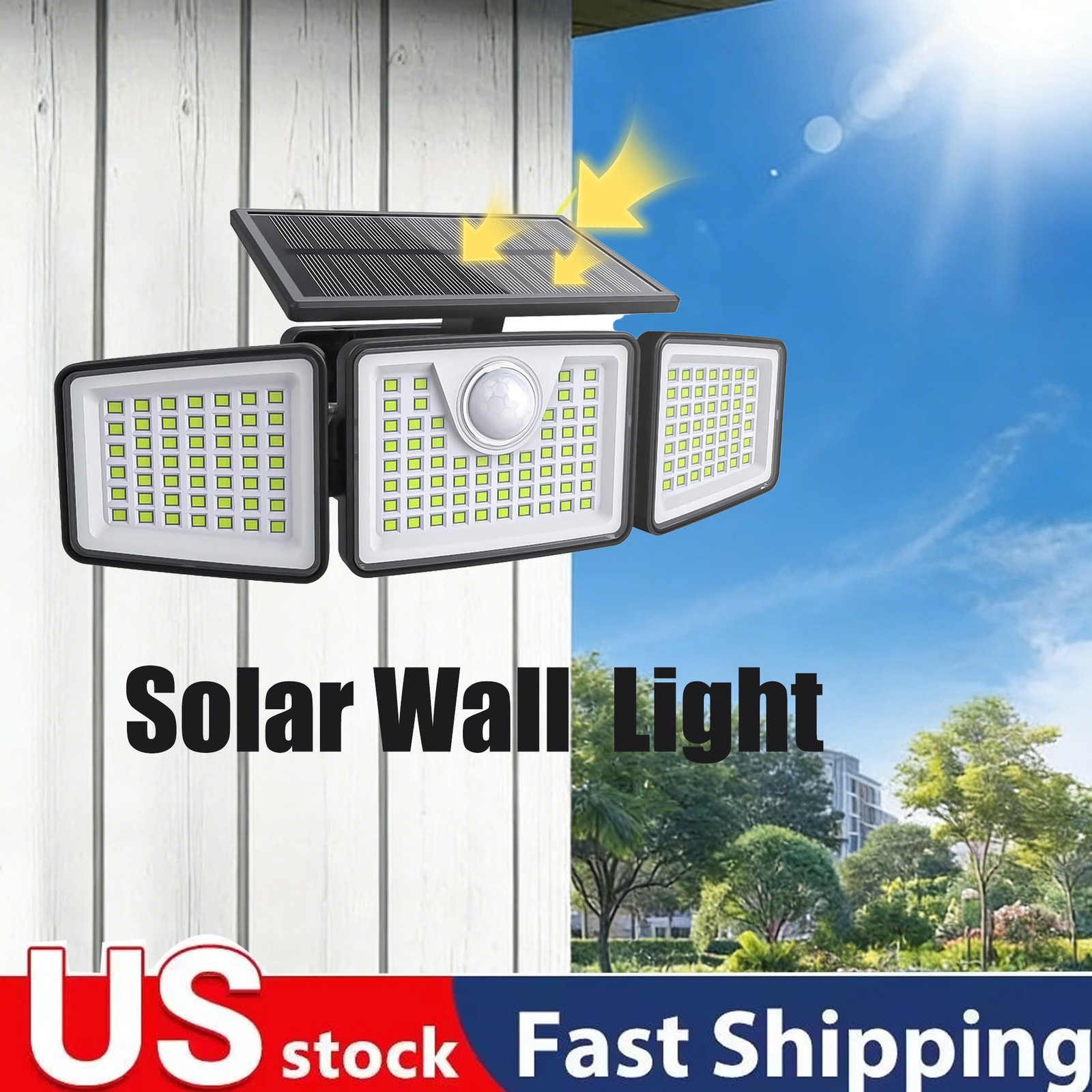 Outdoor Solar Security Lighting, 3 Head 270° Wide Angle,Waterproof For  Yard, h