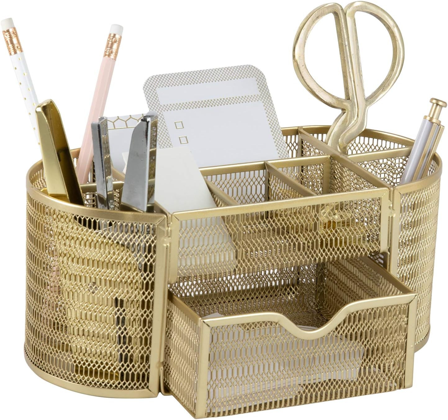 | Gold Desk Organizer Set with Drawer | Metal Mesh Desk Accessories