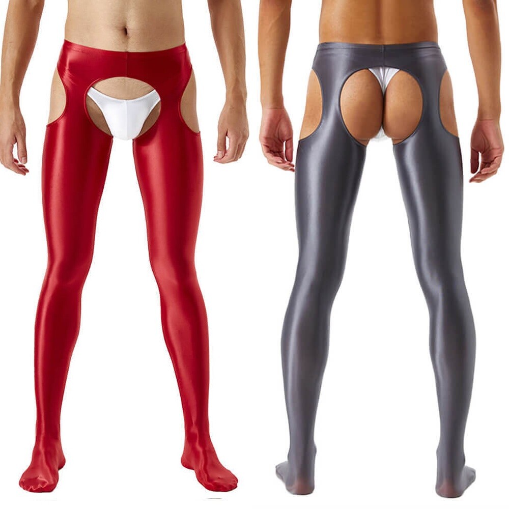 Men's Satin Shiny Glossy 4-Open Crotchless Trousers Long Pants Elastic Leggings