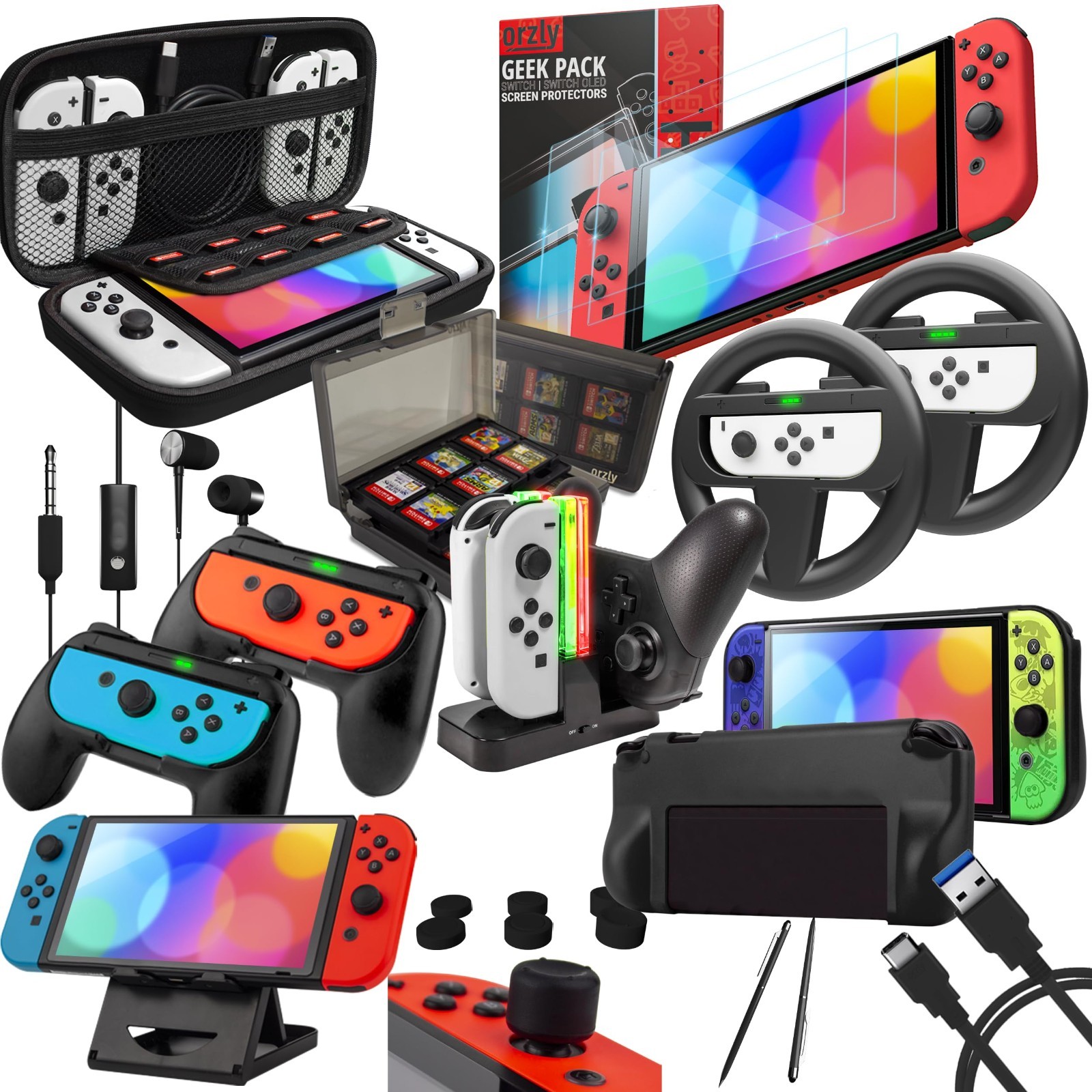 Nintendo Switch Accessory Bundle Kit - Case, Screen Protector, Joy-Con Grips & W