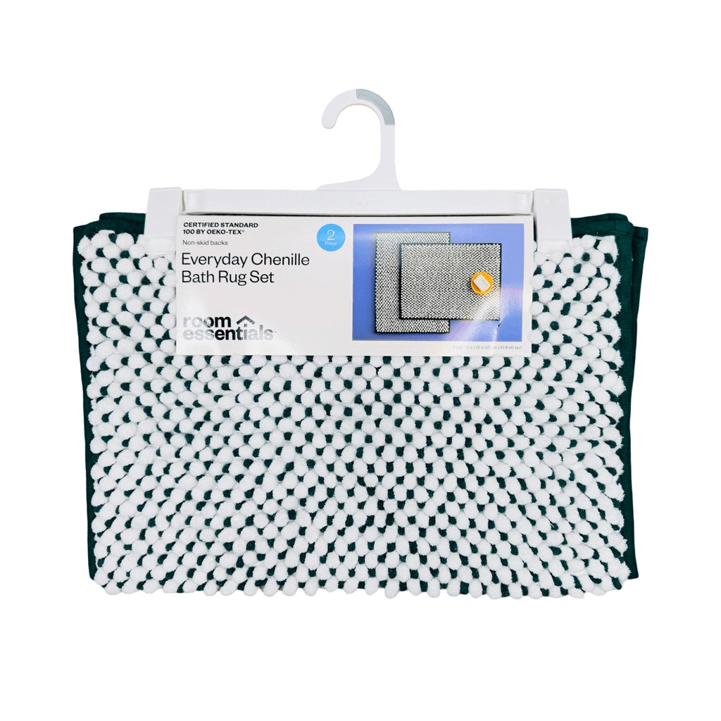 Room Essentials Everyday Chenille Bath Rug Set 2 Pieces Green / White Textiles