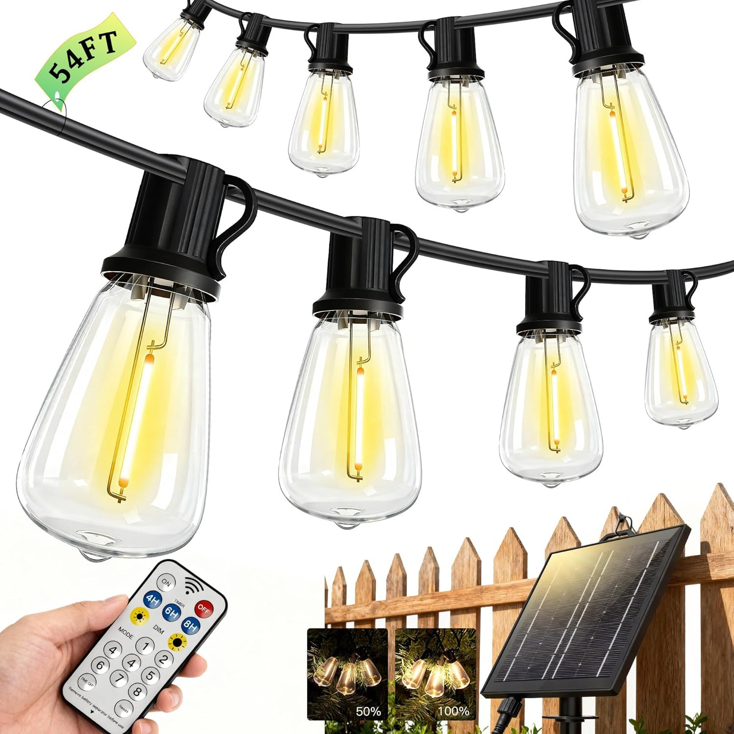 54(48+6) FT Solar String Lights Outdoor Ip65Waterproof, Garden Lightusb & Solar