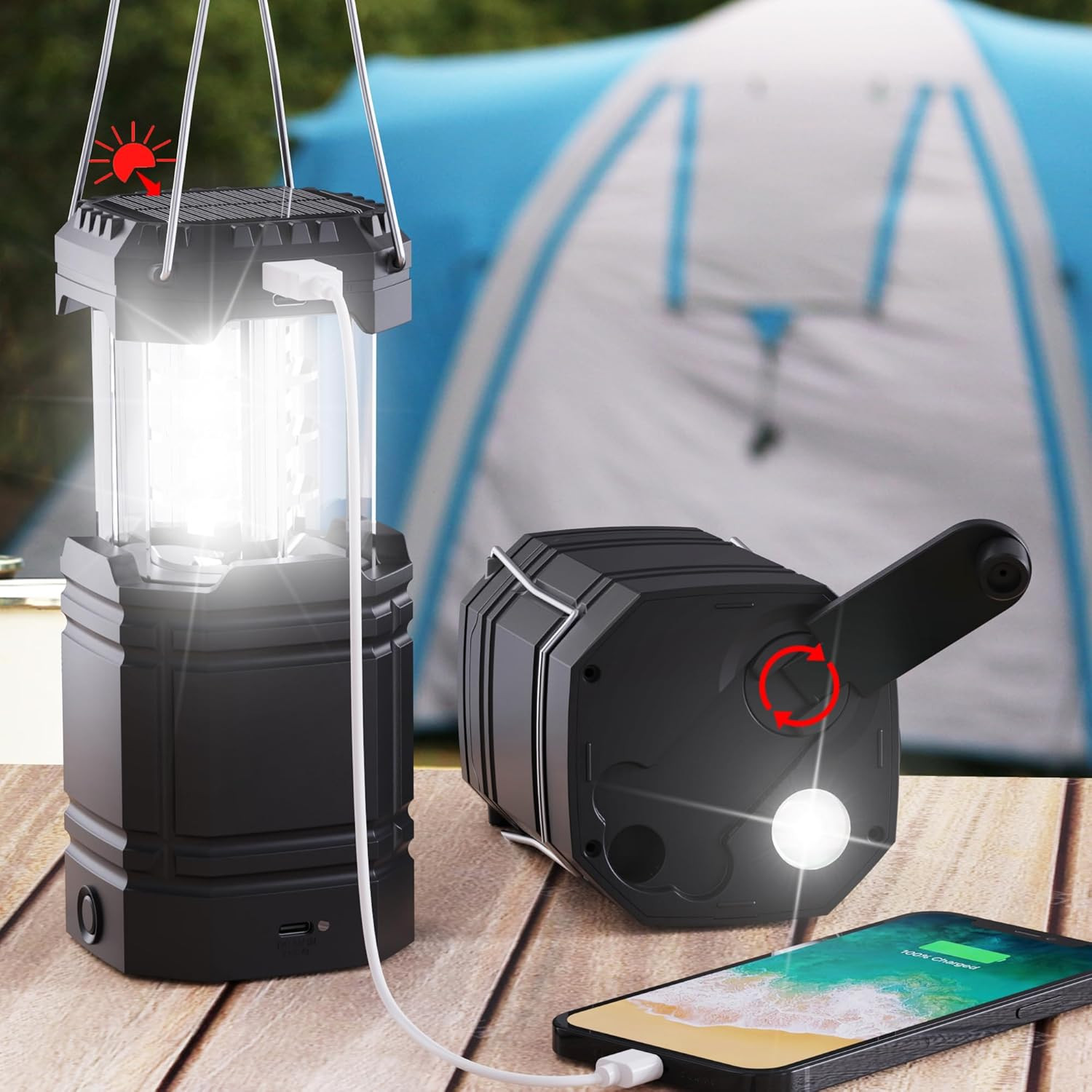 3000Mah Large Capacity Hand Crank Solar Camping Lantern for Emergency | Portable