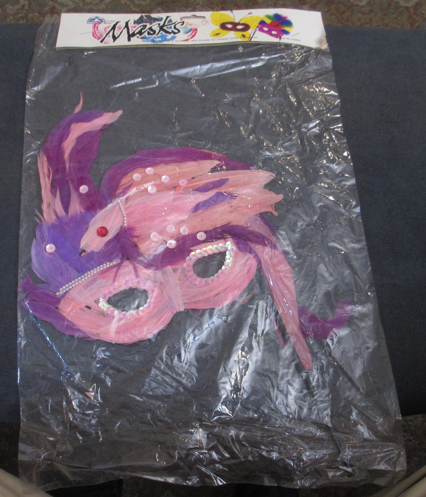 NIP OTC Mardi Gras Eye Mask - Pink & Purple Feathers, Red & Pink Accents - Adult
