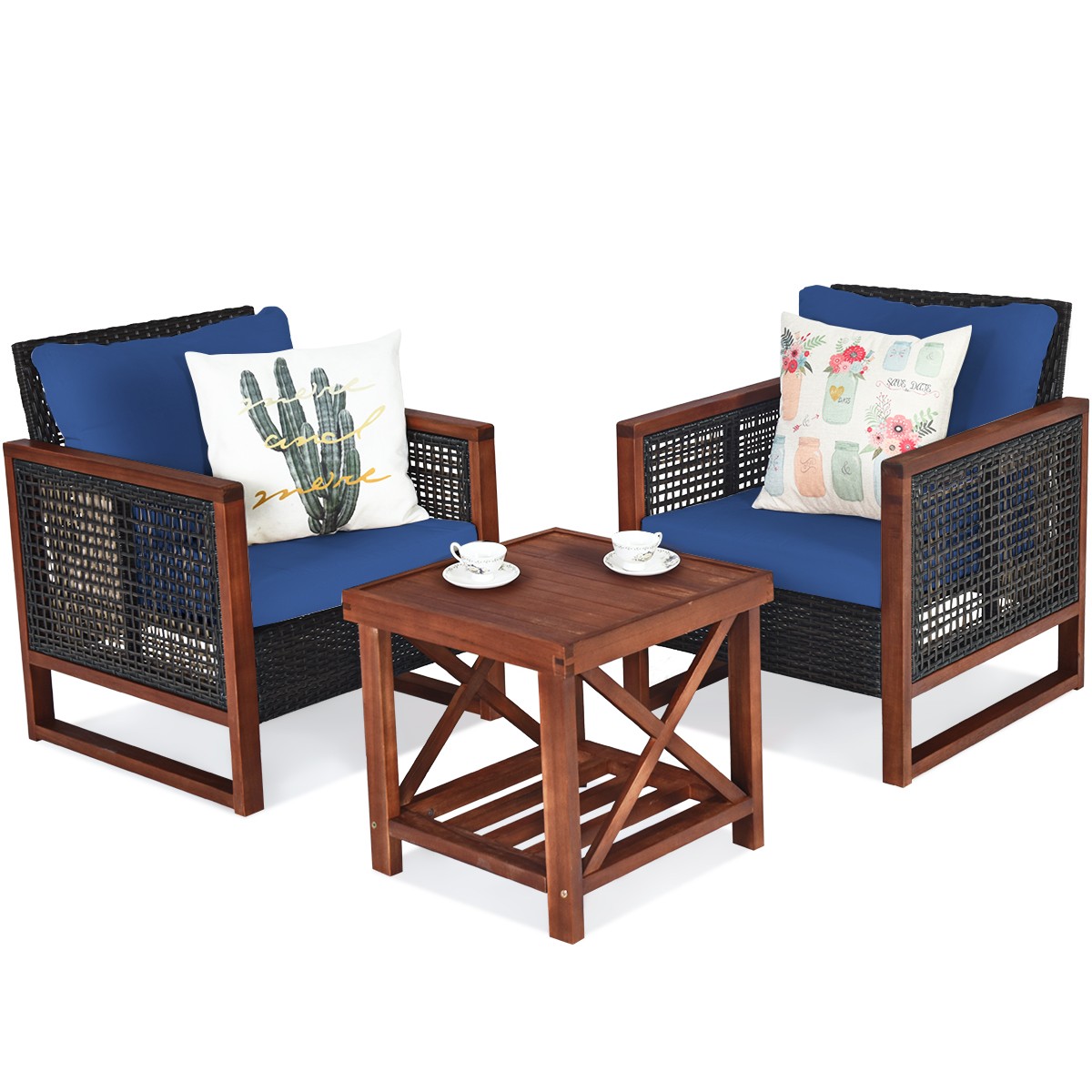 Patiojoy 3PCS Patio Rattan Furniture Set Wooden Frame Cushion Sofa W/ Shelf Navy