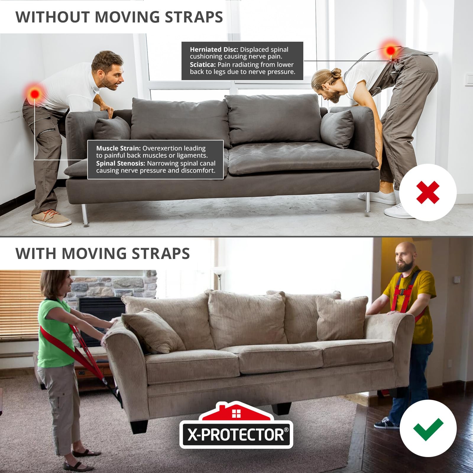 X-Protector Moving Straps - 2 Pairs - Red Lifting for 2 Standard,