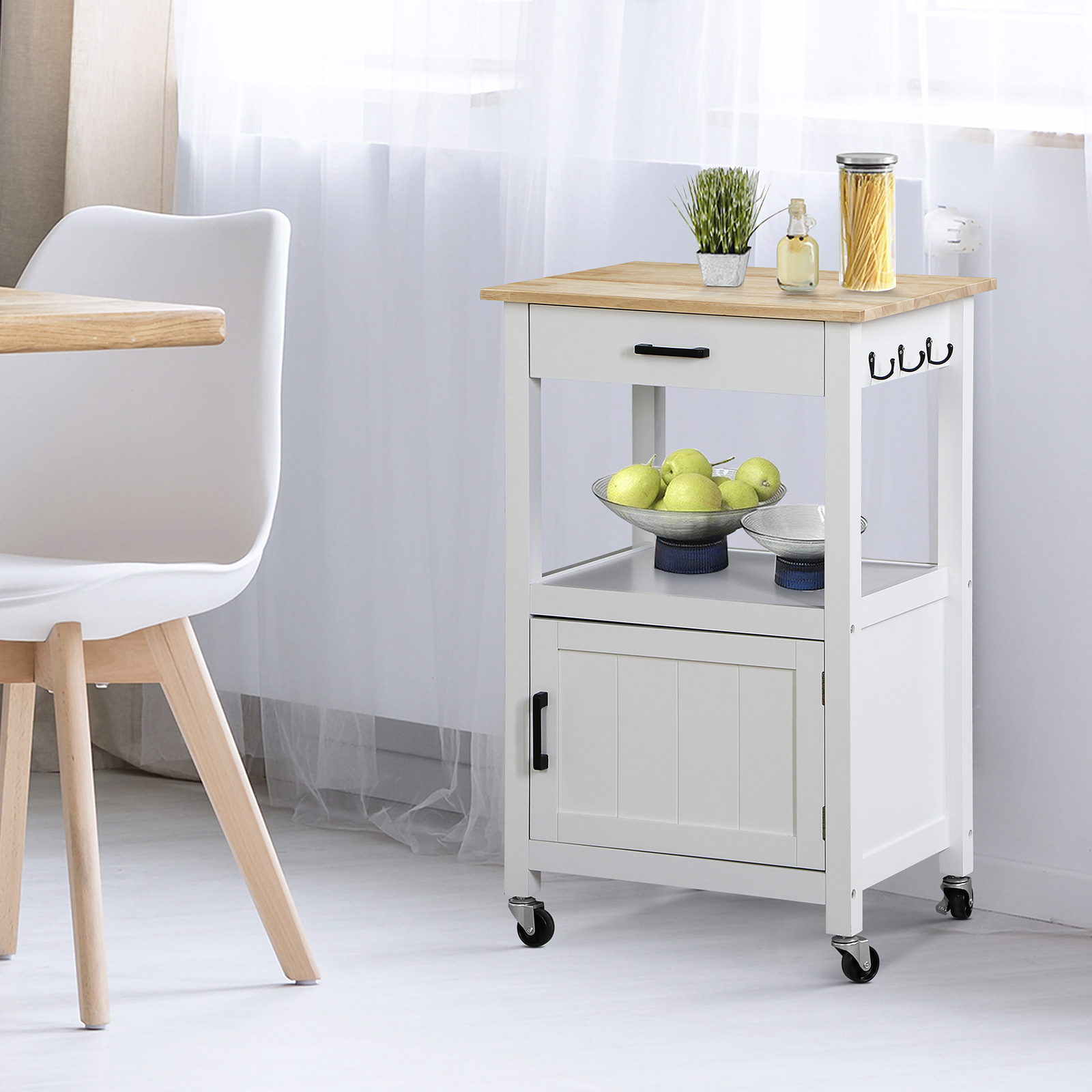 Rolling Kitchen Island Storage Shelf with 3 Side Hooks Drawer on Swivel Wheels