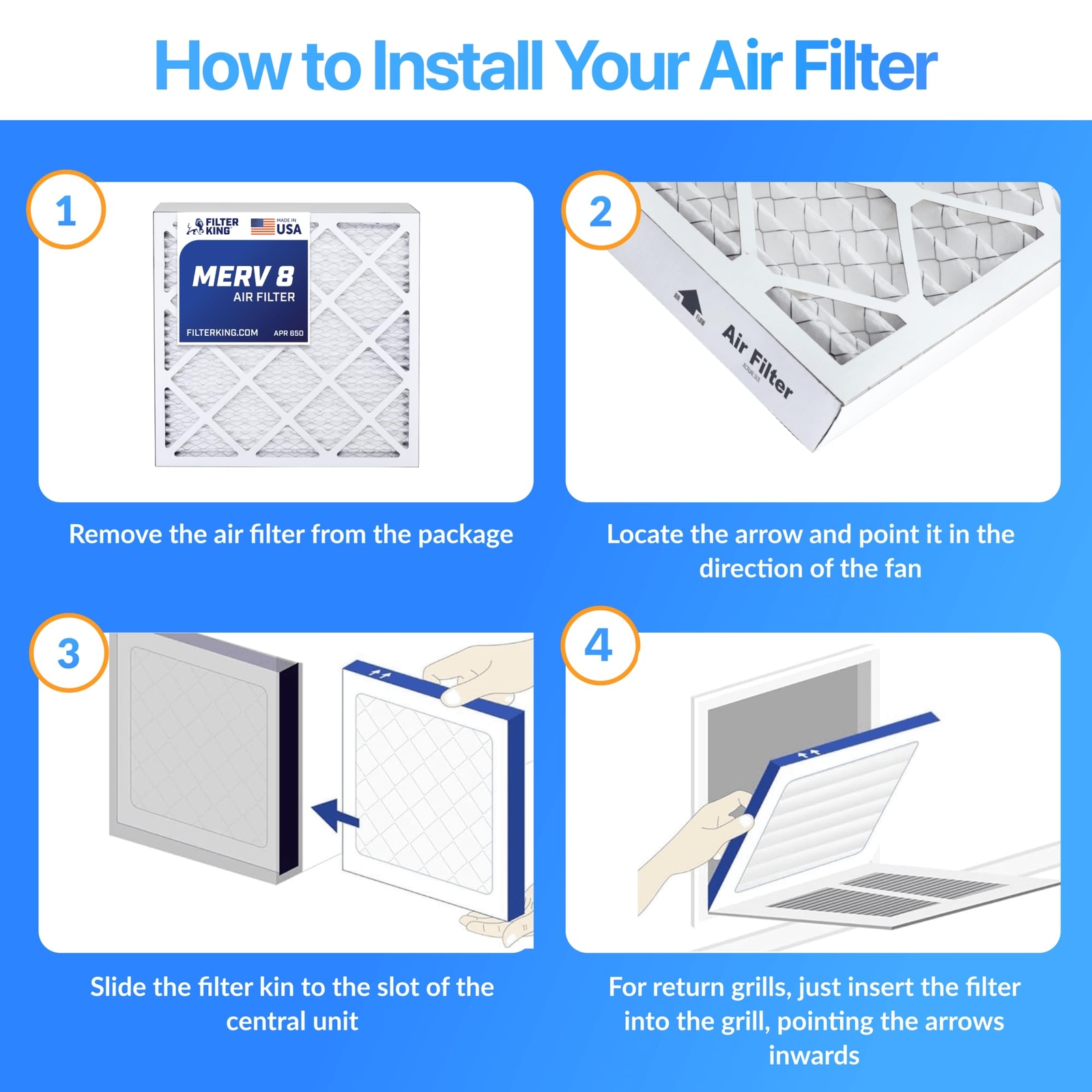 Filter King 19.5x39.5x4 Air Filter 4-PACK MERV 8 Actual Size 19.5 x 39.5 x 3.75"