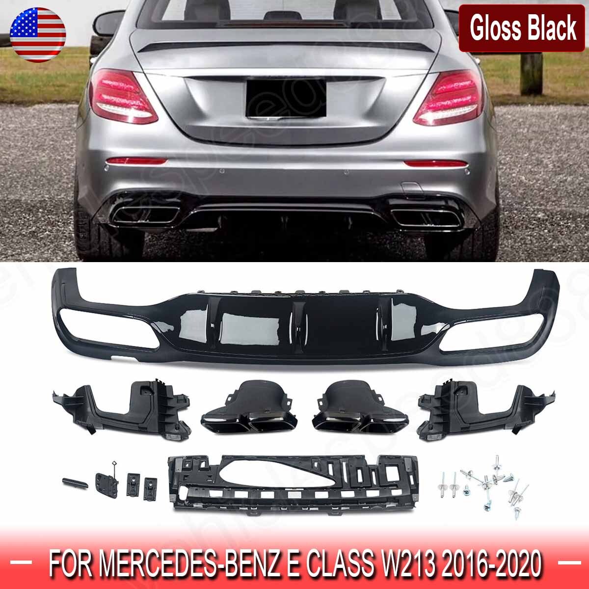 Rear Bumper Diffuser Lip W/ Exhaust Tips For 2016-2020 Benz W213 E300 E400 E43