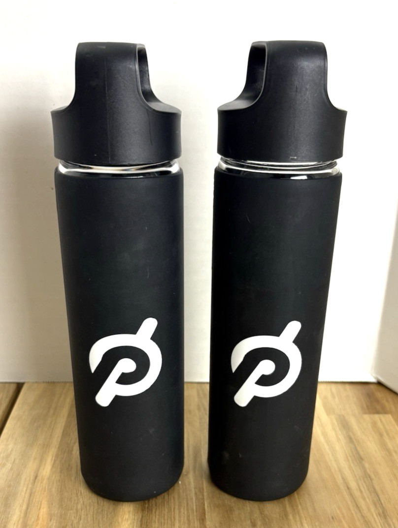 PELOTON Glass Water Bottle W/ Black Silicone Non-Slip Grip 16 oz Set of 2