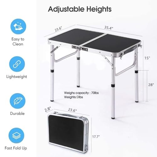 Folding Camping Table, 36''L x24''W Camp Aluminum Table with Adjustable Height