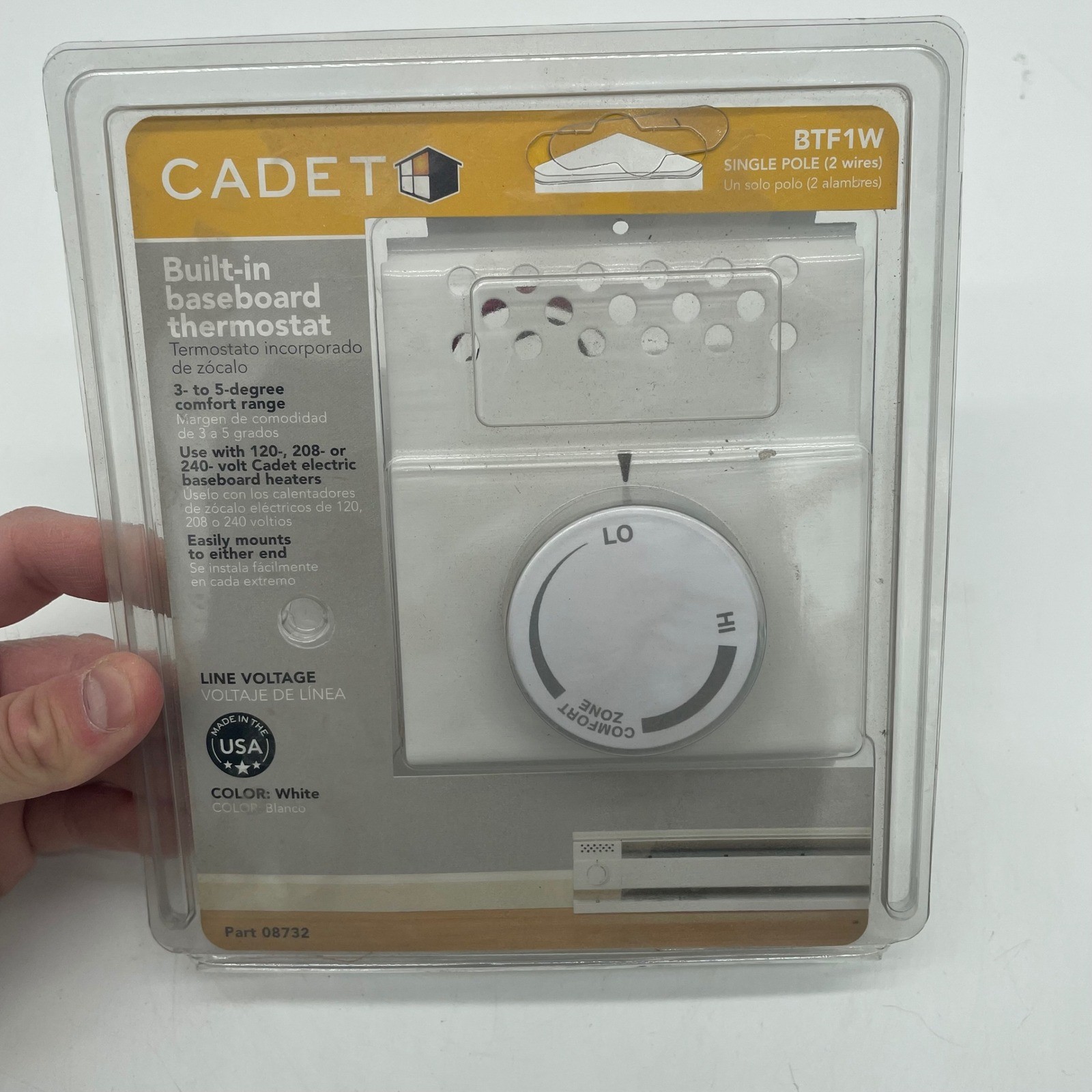 Cadet BTF1W Single Pole Built-In Baseboard Thermostat White 08732 NEW