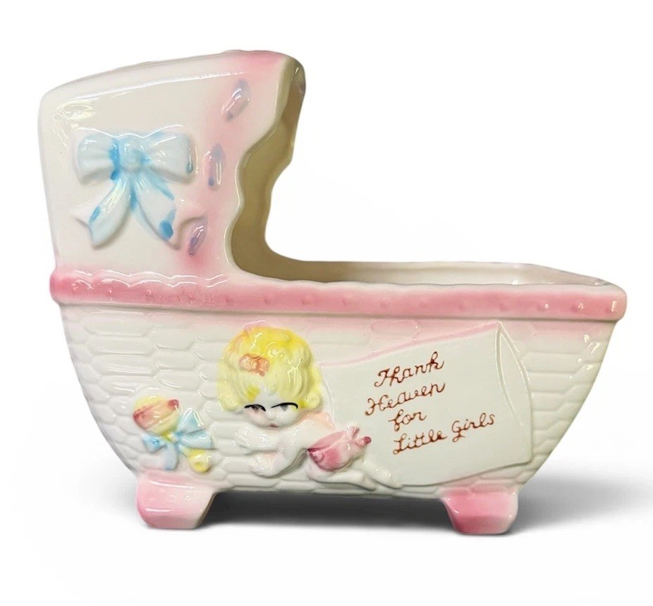 Vintage Rubens Ceramic Baby Cradle Crib Planter "Thank Heaven For Little Girls"