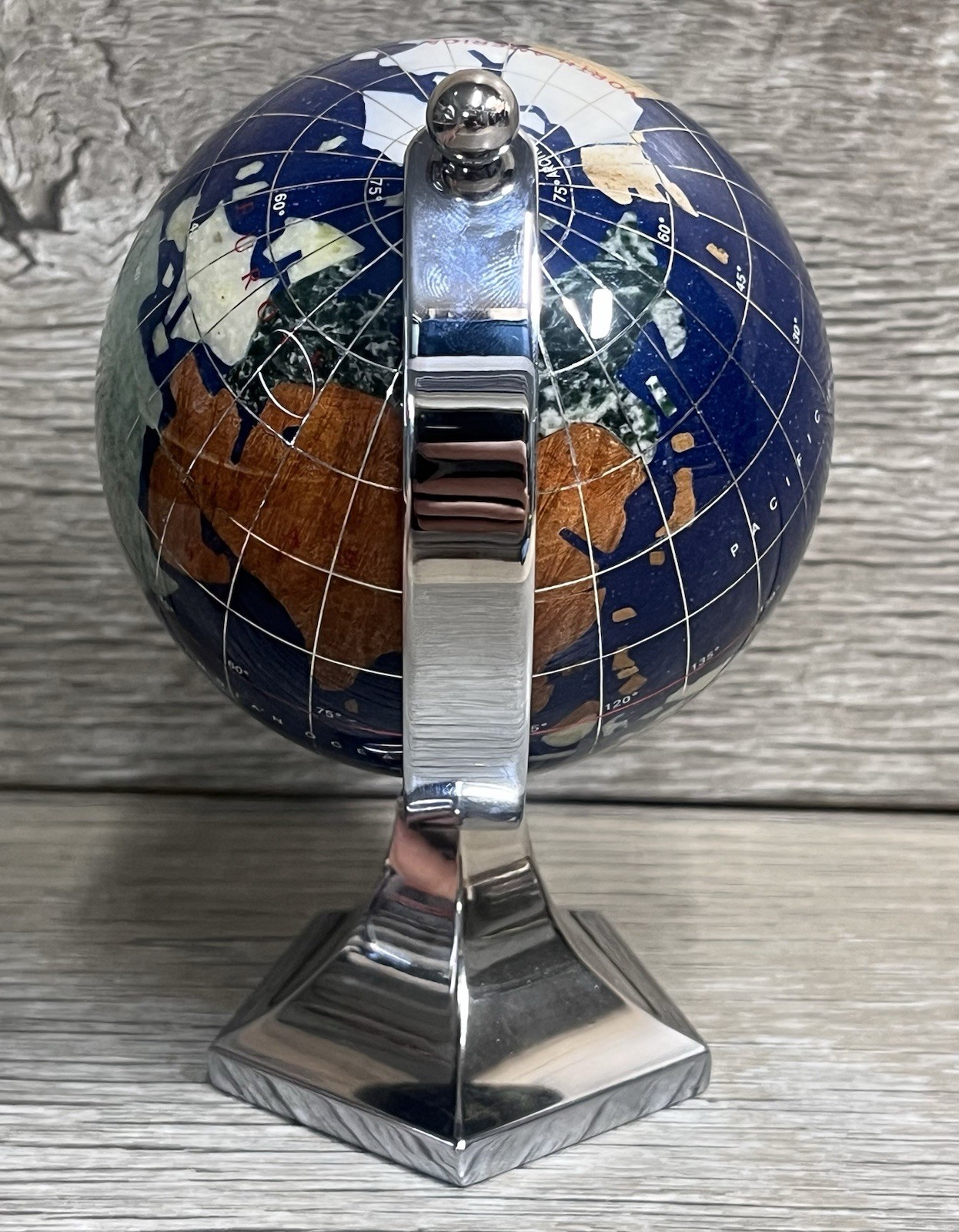 GEMSTONE MINI WORLD GLOBE Semi-Precious Inlay Chrome Stand 5.5" Tabletop Decor