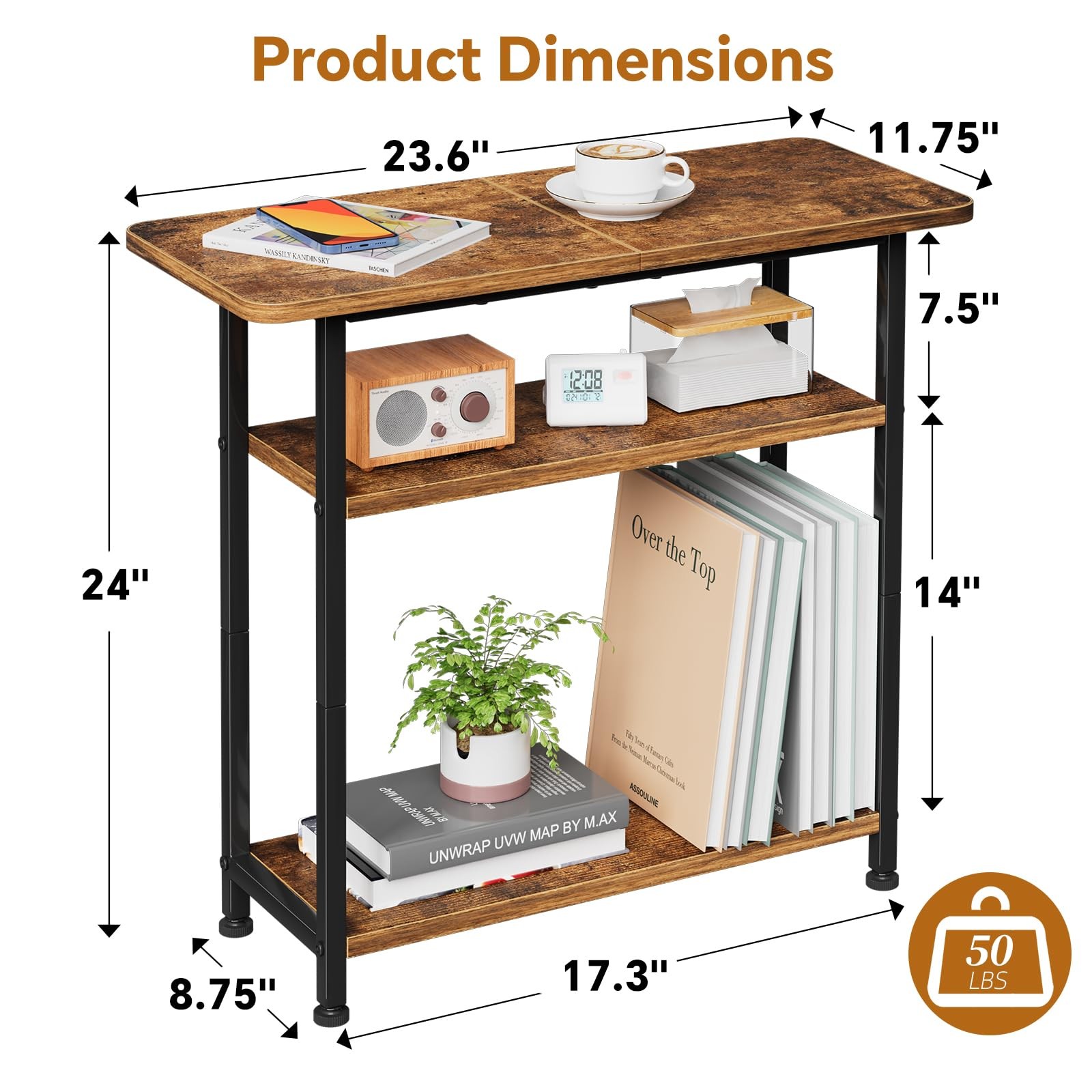 3 Tier Side End Table Rustic Brown Nightstand TV Tray Couch Table Storage