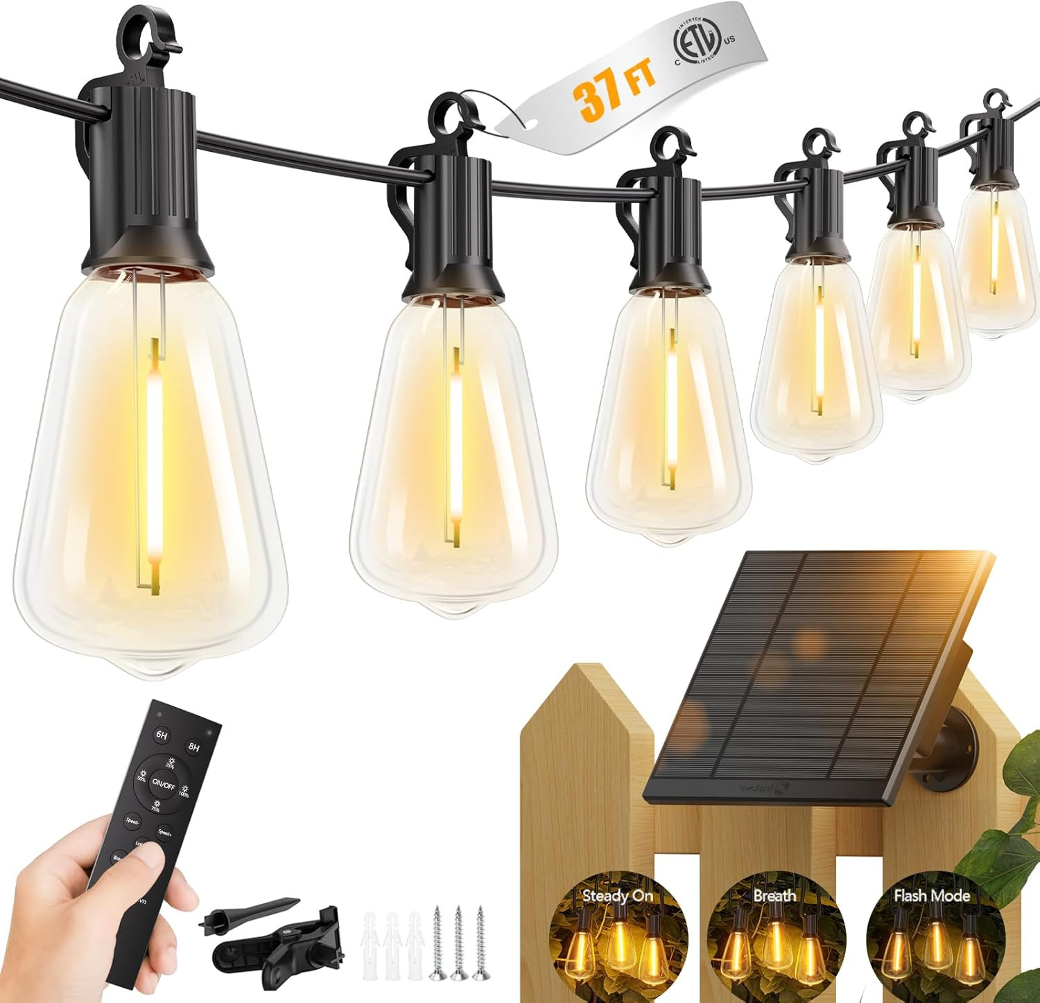 37FT Solar String Lights Outdoor, 10+1 Shatterproof LED Lights | Waterproof, Rem