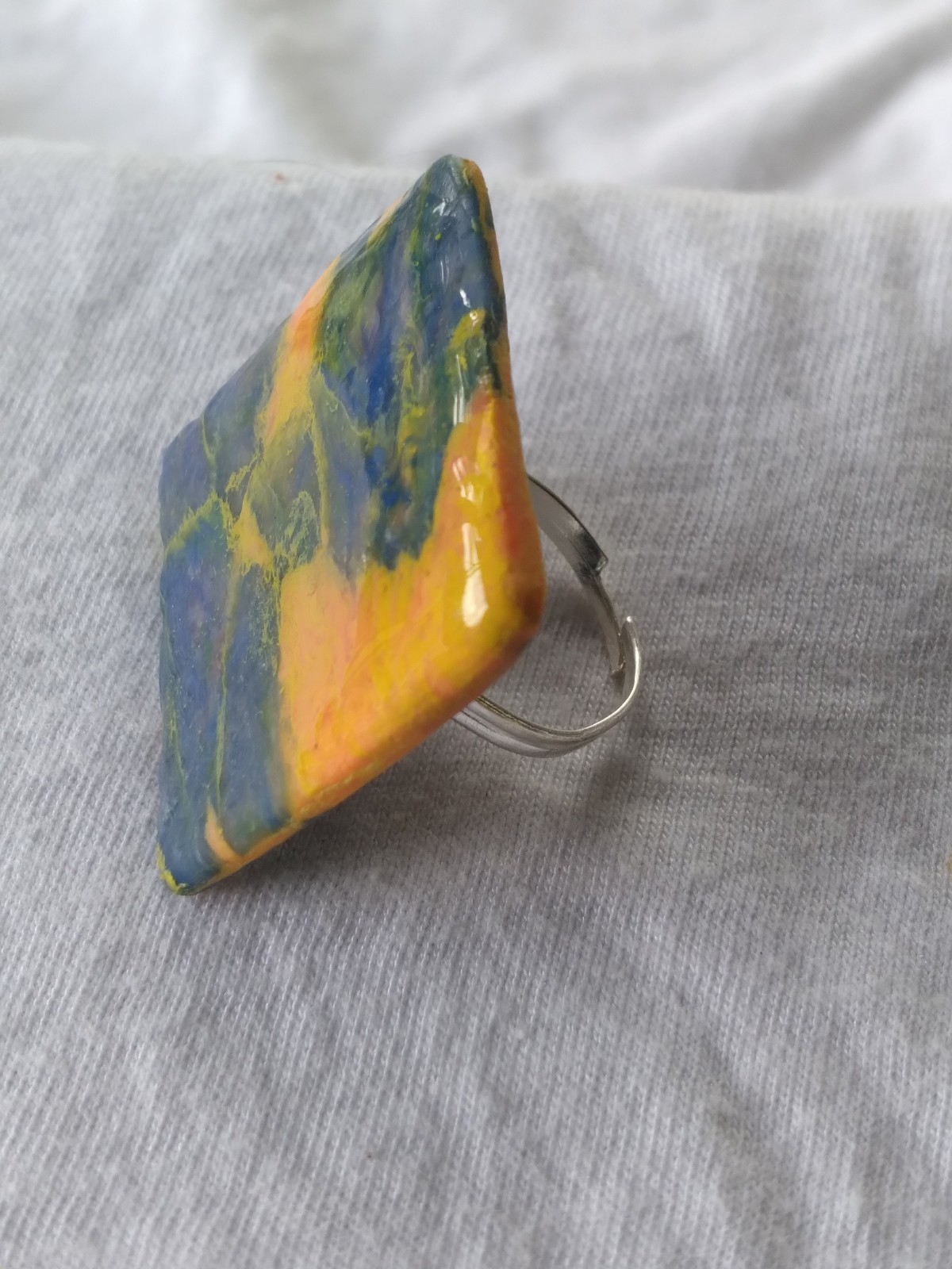 Handcrafted Silver Adjustable Polymer Clay Ring Square Blue Yellow Marbled