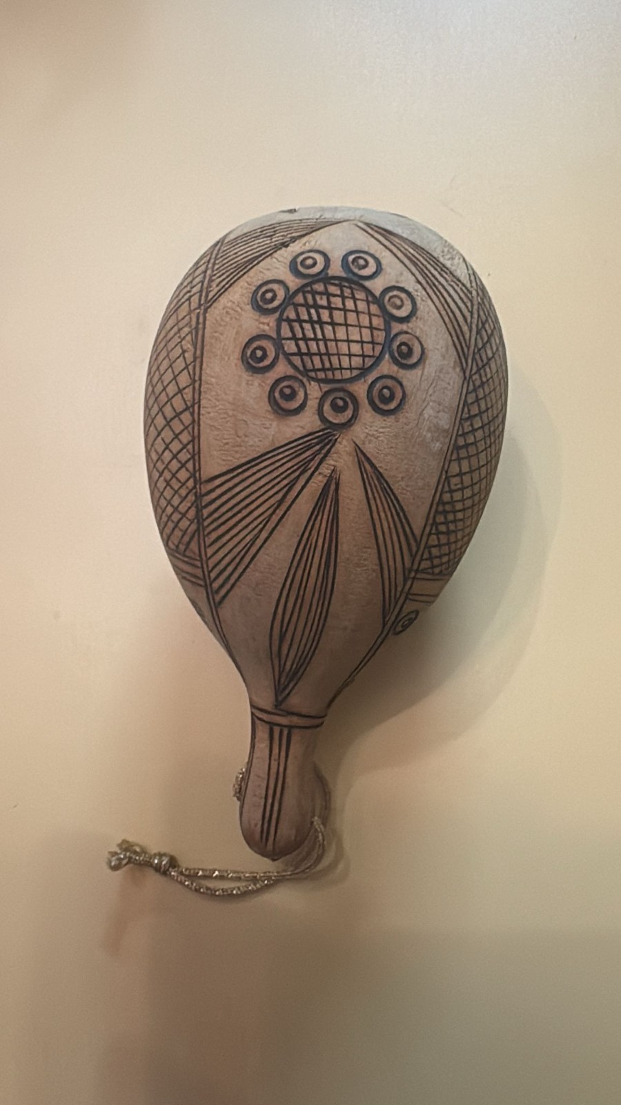 Vintage Hand-Carved Gourd Rattle Maraca – Folk Art Peru Tribal Design 8in