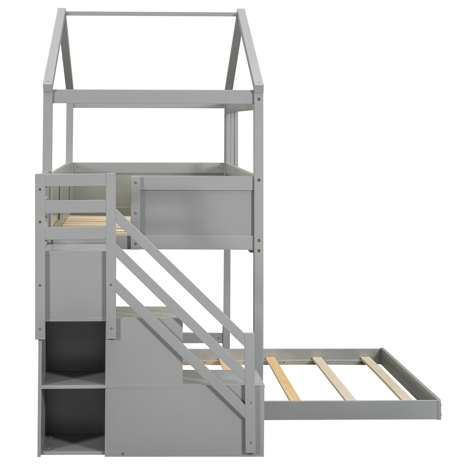 Wood Bed Frame Twin over Full House Bunk Bed w/Storage Staircase & Blackboard