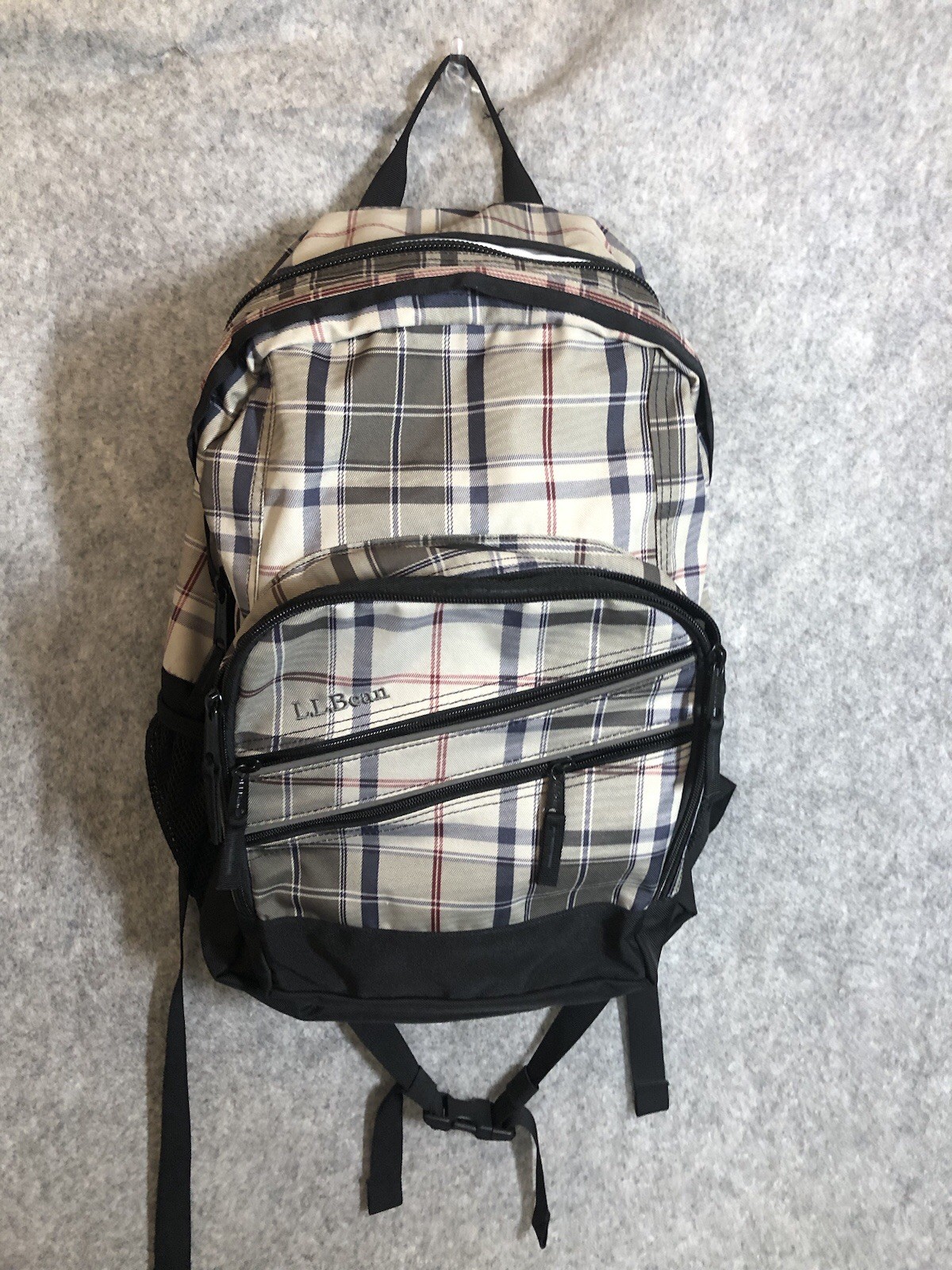 L.L. Bean Plaid Backpack Bookbag Laptop School Travel Hiking Beige Black Large