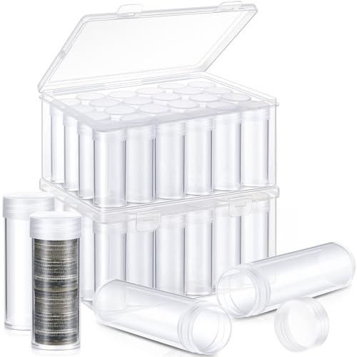 48 Pcs Coin Tubes with 2 Plastic Storage Box Clear Holders with Lid Quarter 50