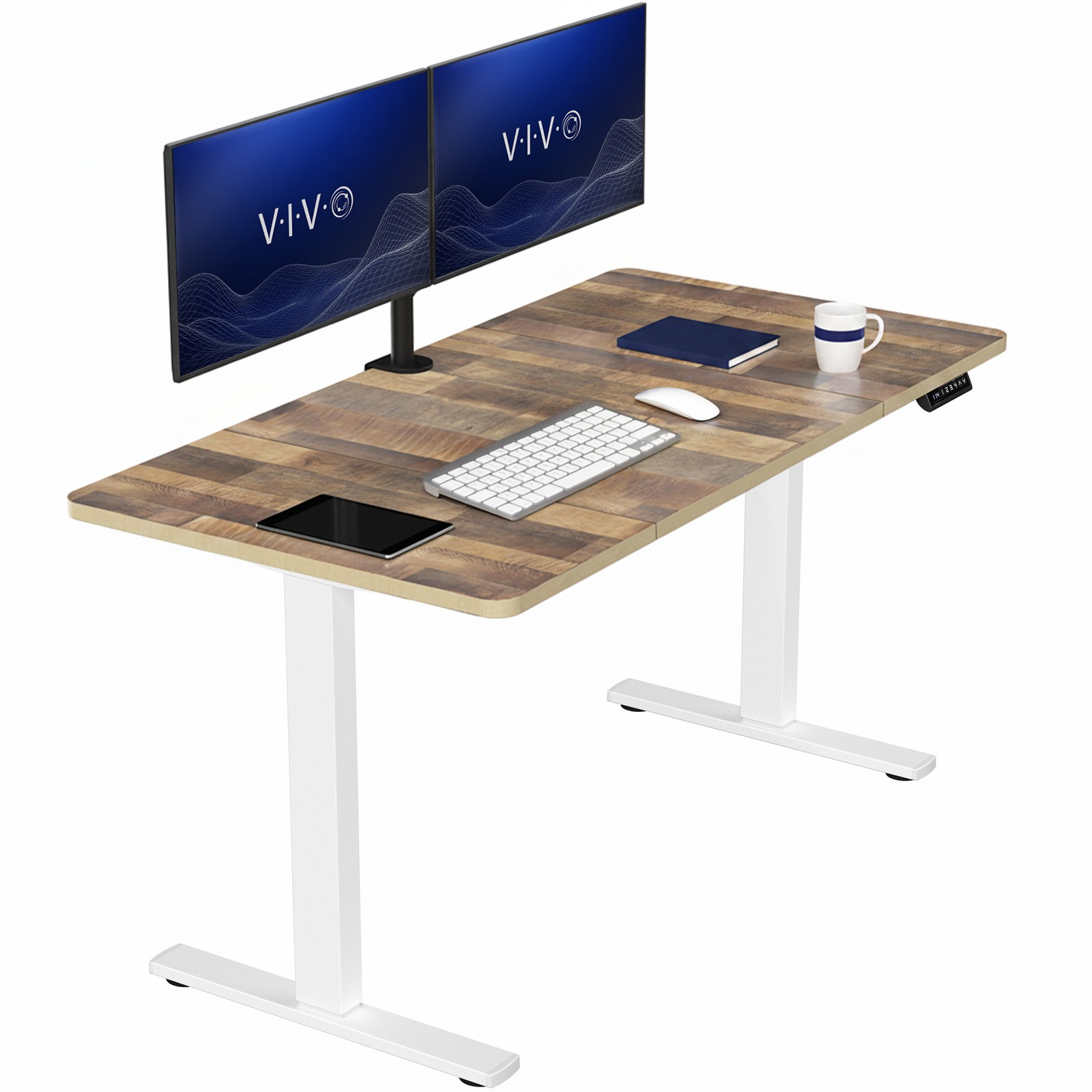 VIVO Electric 60” x 30” Stand Up Desk, Reclaimed Wood Top, White Frame
