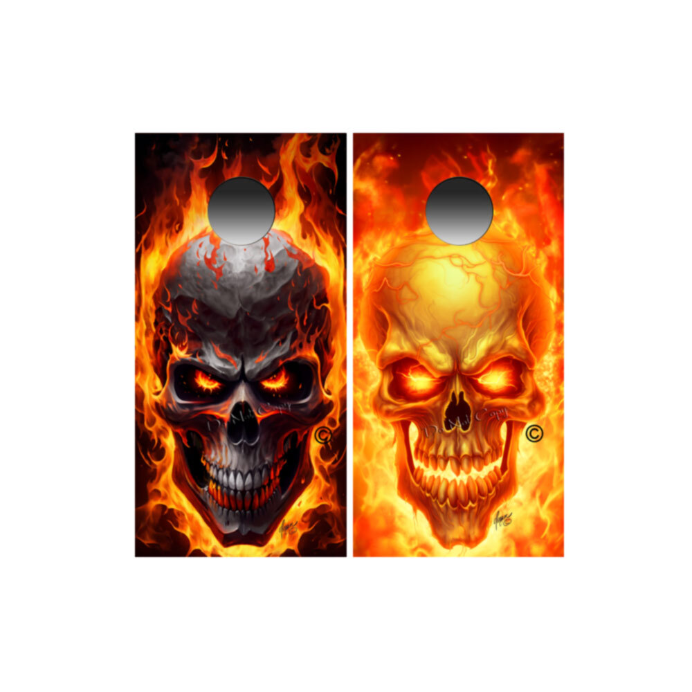 Flaming Skulls Light Dark COMBO Cornhole Wraps Vinyl Decals Fire Scorched Skull