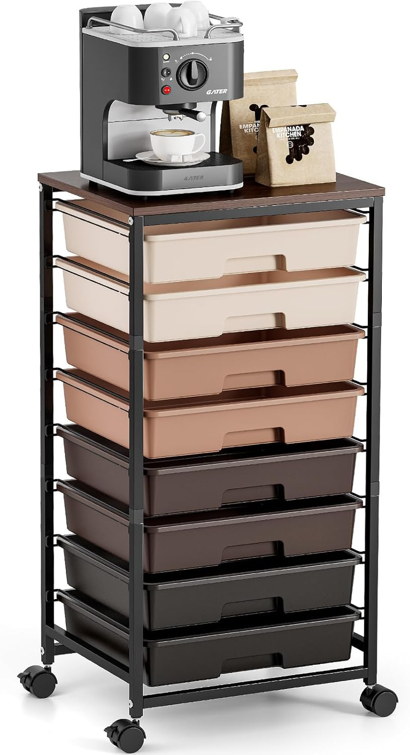 Rolling Carts with Wheels, 8-Drawer Utility Cart, Wooden Tabletop Storage Cart f