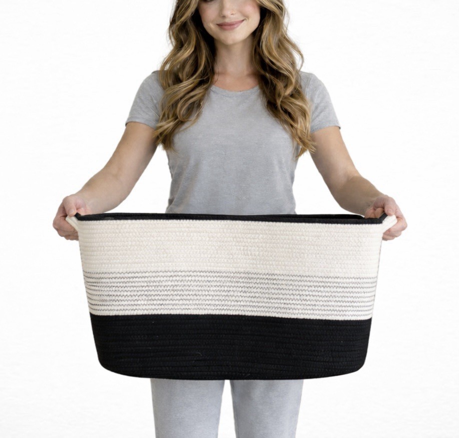 Large black & white cotton rope basket, blanket basket, storage basket, laundry
