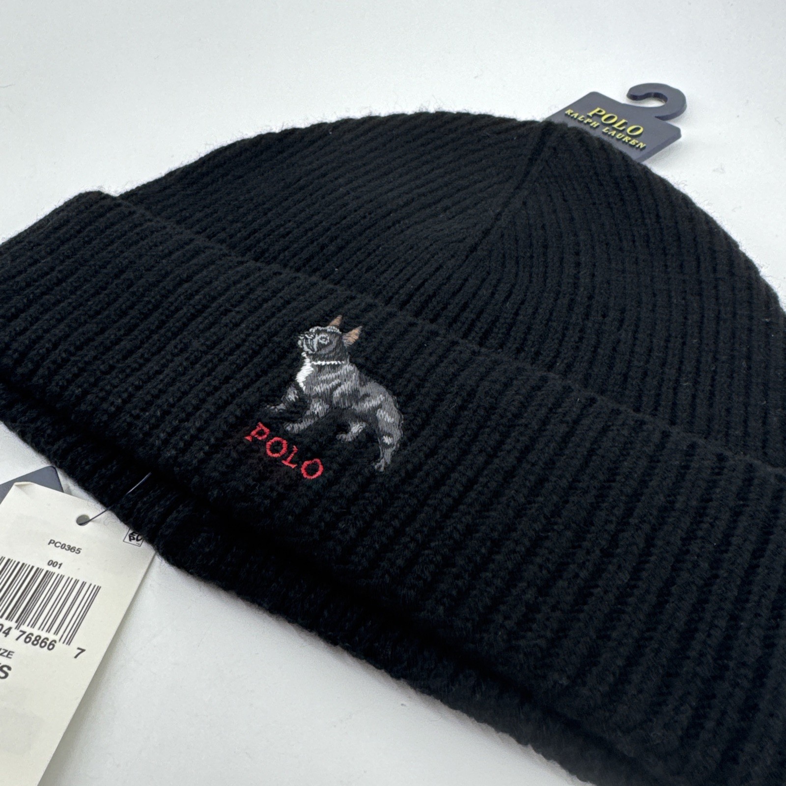 Polo Ralph Lauren French Bulldog Knit Cuff Hat Black Beanie