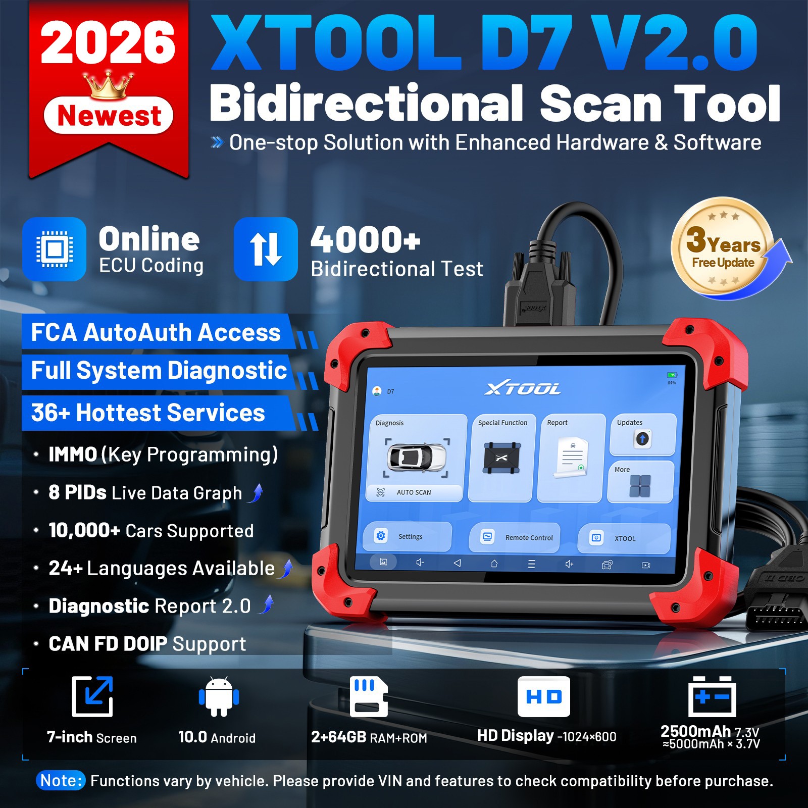 2026 XTOOL D7 V2.0 Bidirectional Coding Diagnostic Tool OBD2 Scanner Full System