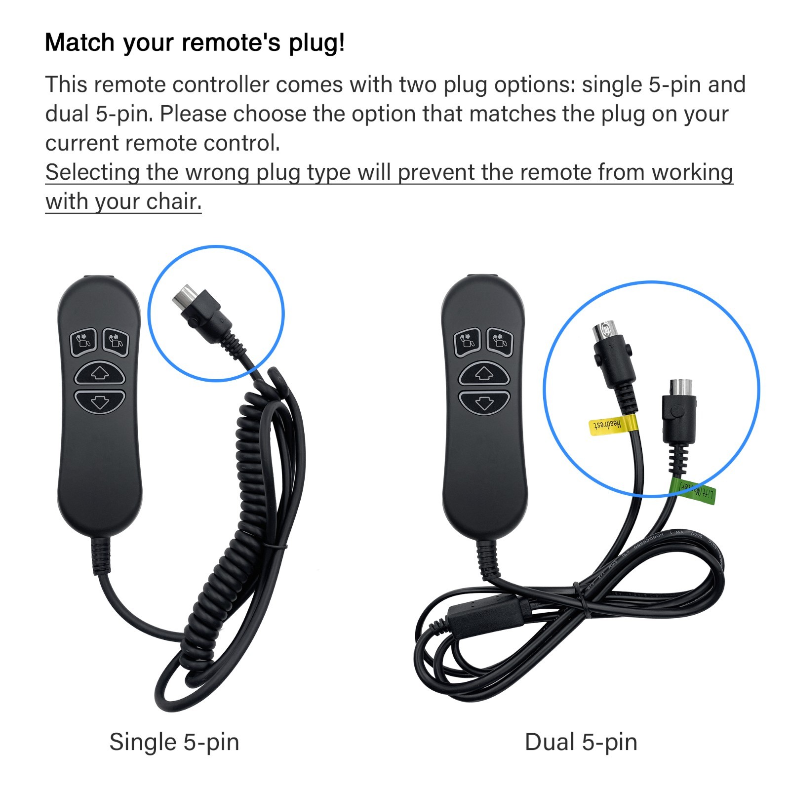 Power Recliner 4 Button Dual 5 Pin Lift Chair Remote Replaces HSW304 Controller