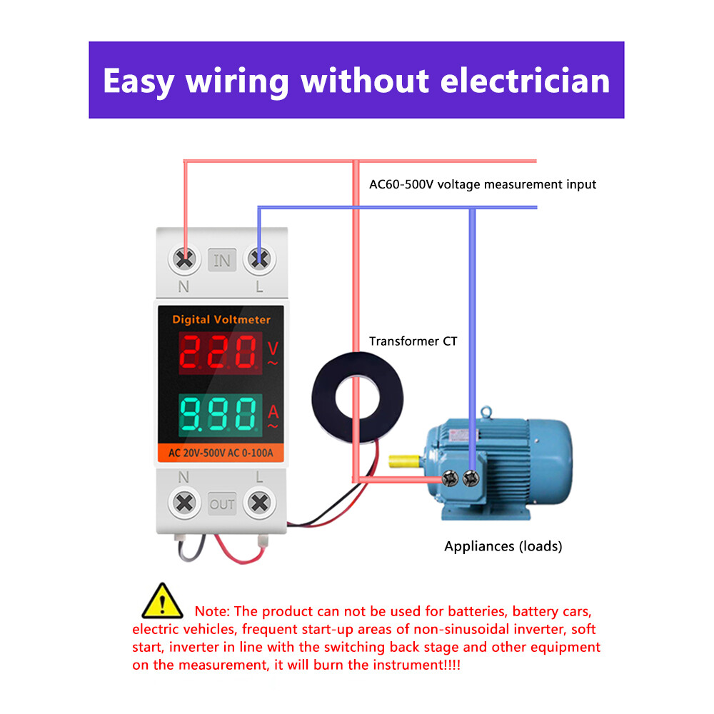 Din Rail LCD Digital Voltmeter Ammeter Electricity Meter AC 60-500V 0.00-99.9A