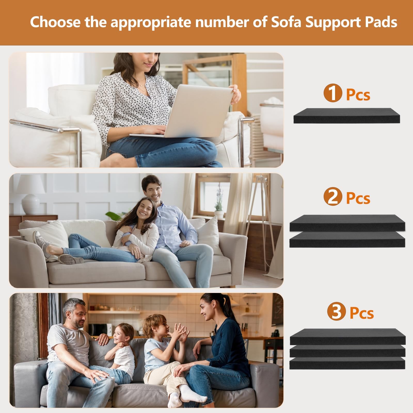 22×22 Couch Cushion Support for Sagging Seat, 3-Pack 40D Square High-Density ...