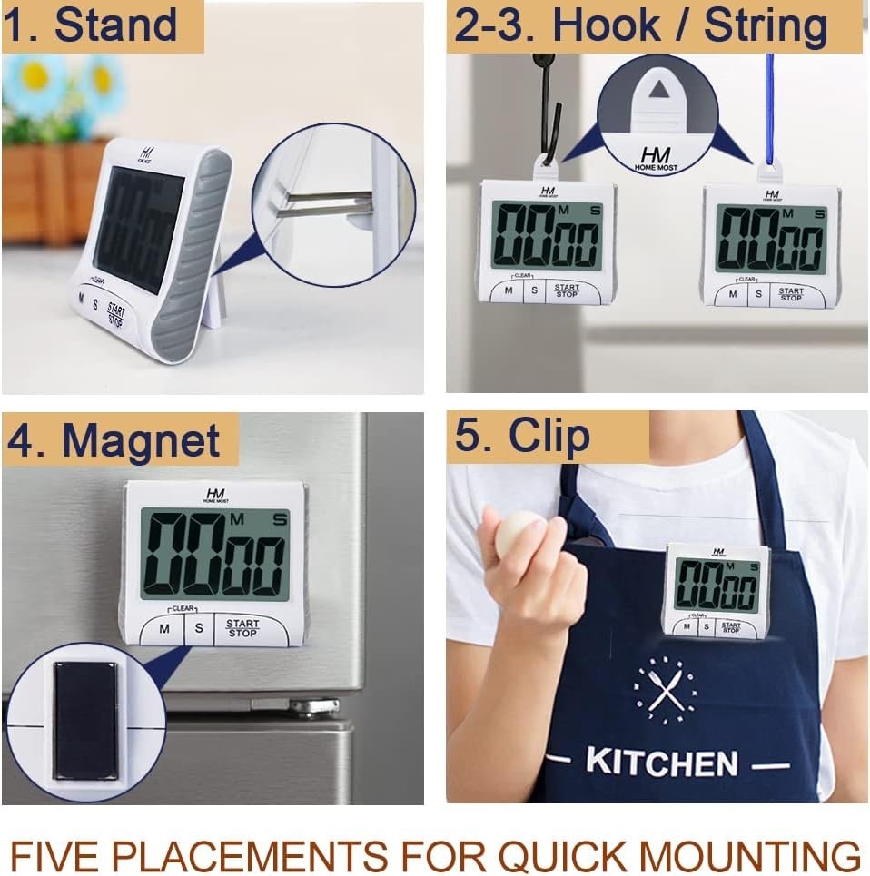 2-Pack Large Display Kitchen Timer - 3" Digital Timer Magnetic Back Loud Alar...