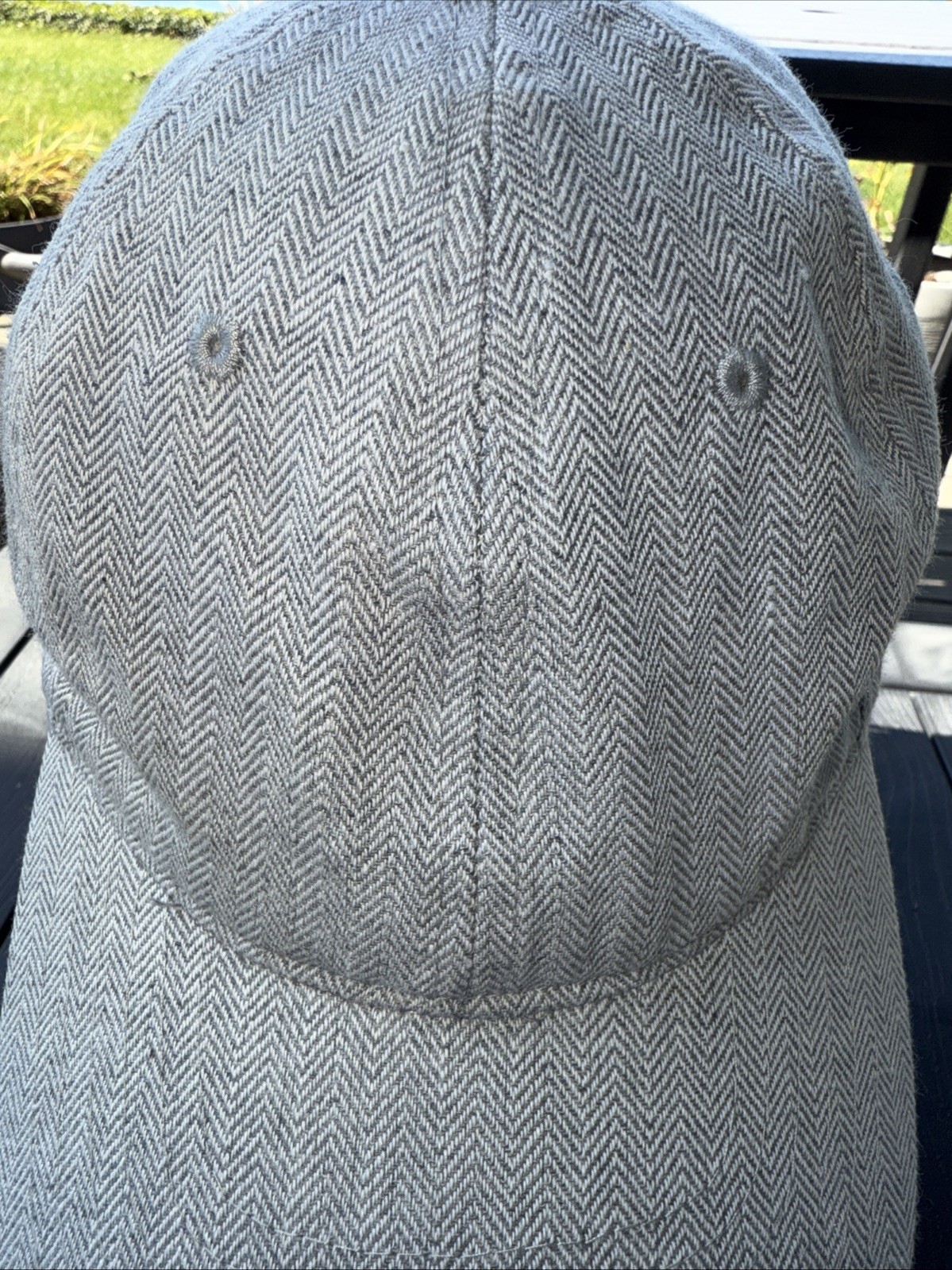 Herringbone fabric pattern Gray White Hat Cap Leather Strap Buckle EUC