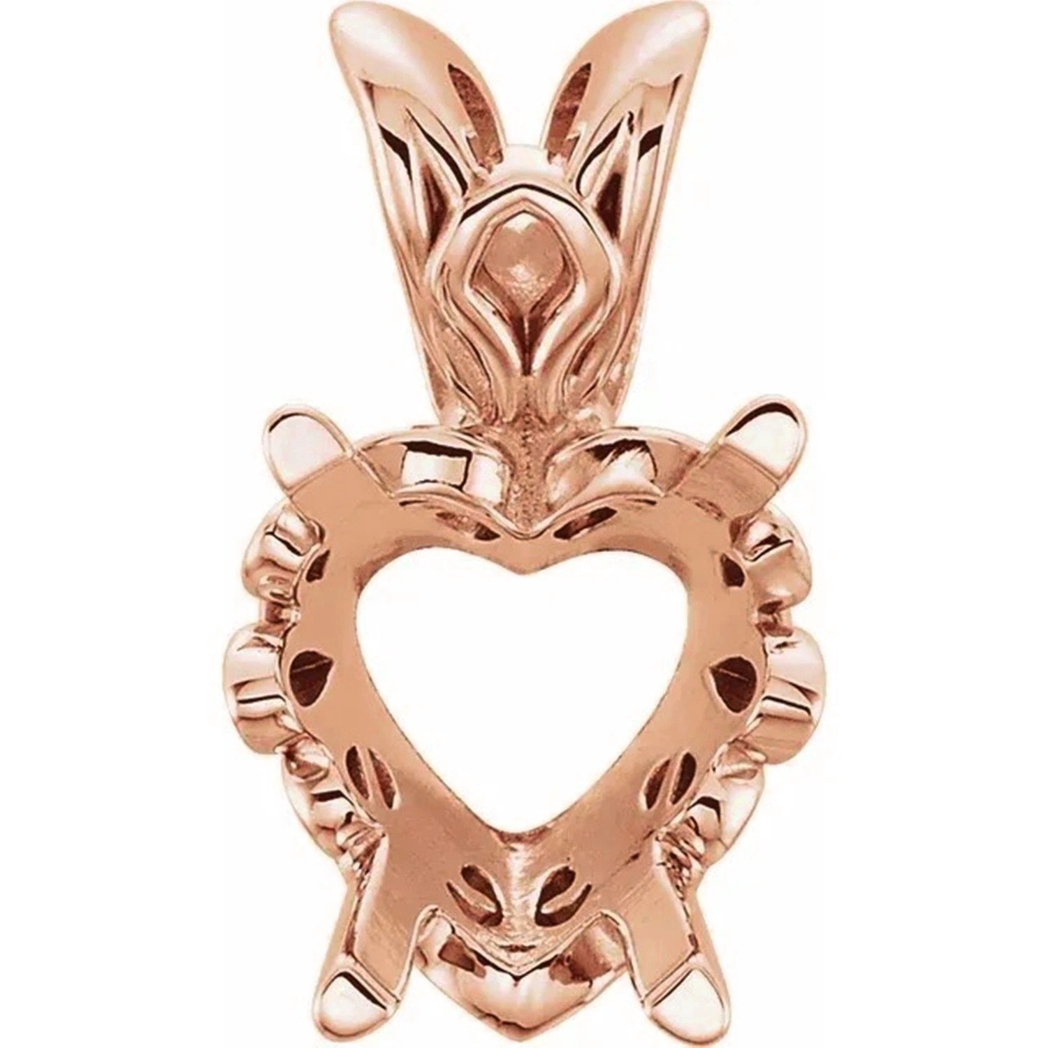 Heart Cut Pendant Mounting 14K Rose Gold 4 Prong Antique Scroll Design Setting