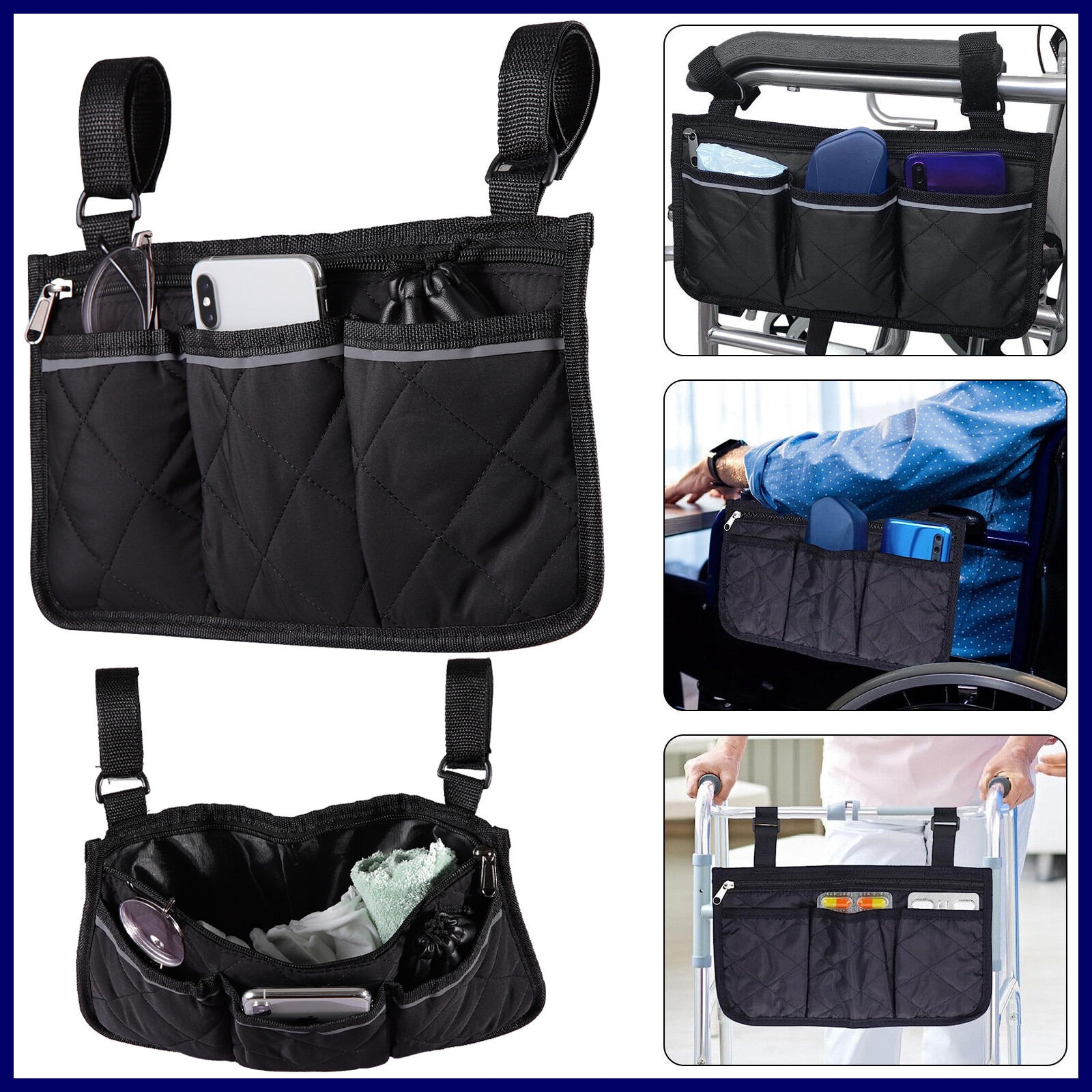 Wheelchair Walker Side Pouch Storage Bag Armrest Pocket Organizer Holder Pouch