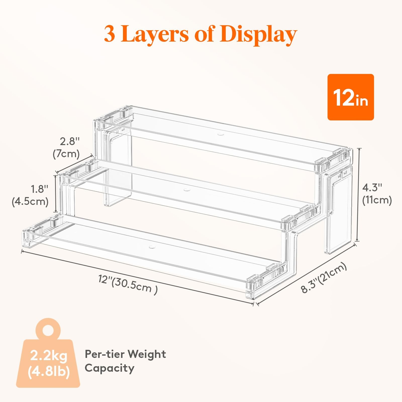 3 Tier 12in Clear Plastic Display Riser Stand Tool Free Assembly Makeup tool