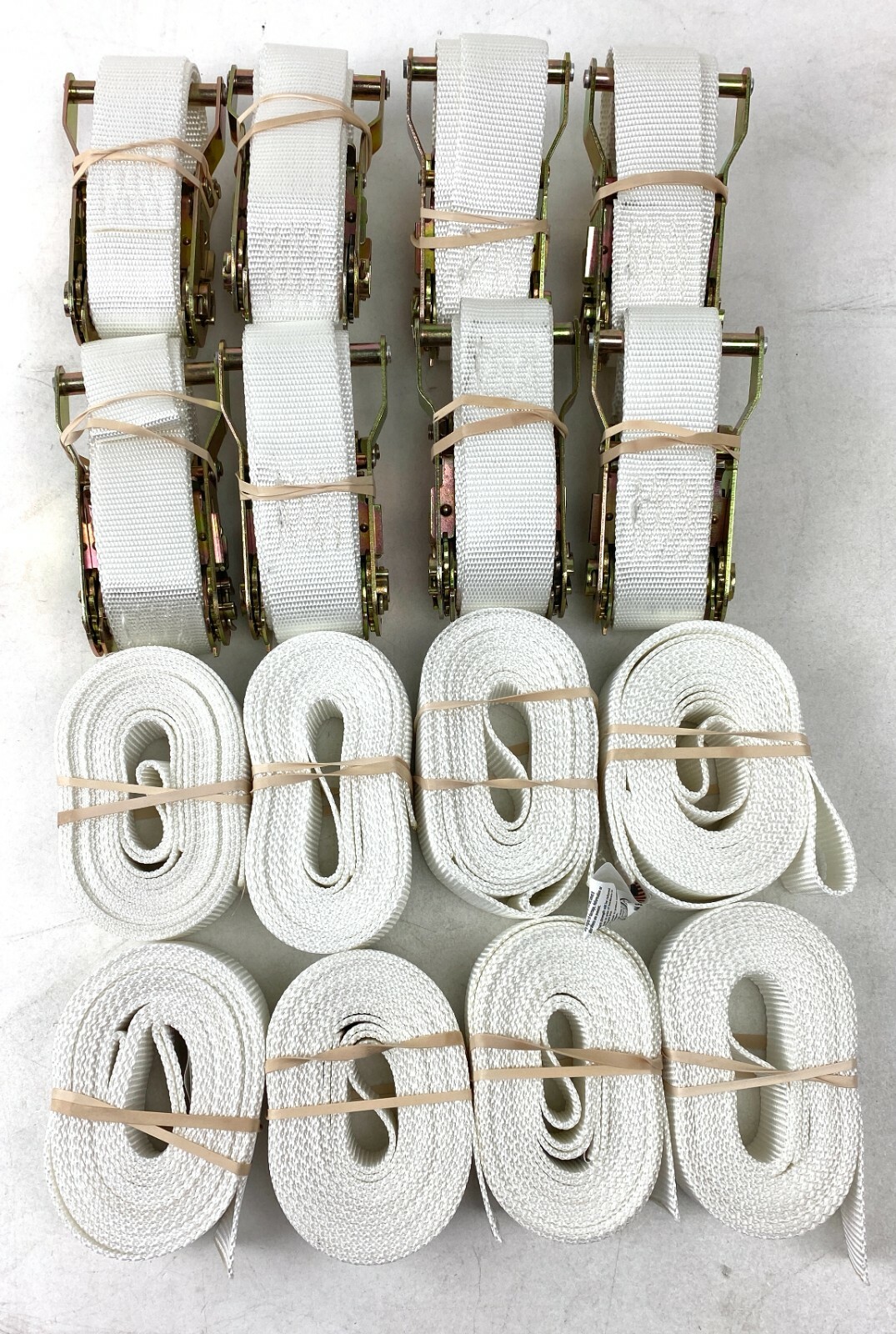 8 Pack of 1.5" x 15' White Tent Ratchet Straps with Sewn Loops & 1,000 lbs WLL