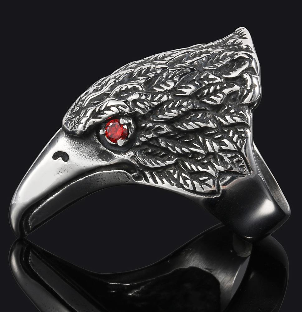 EAGLE HEAD RED CRYSTAL EYES STAINLESS STEEL RING size 7 silver metal S-530 biker
