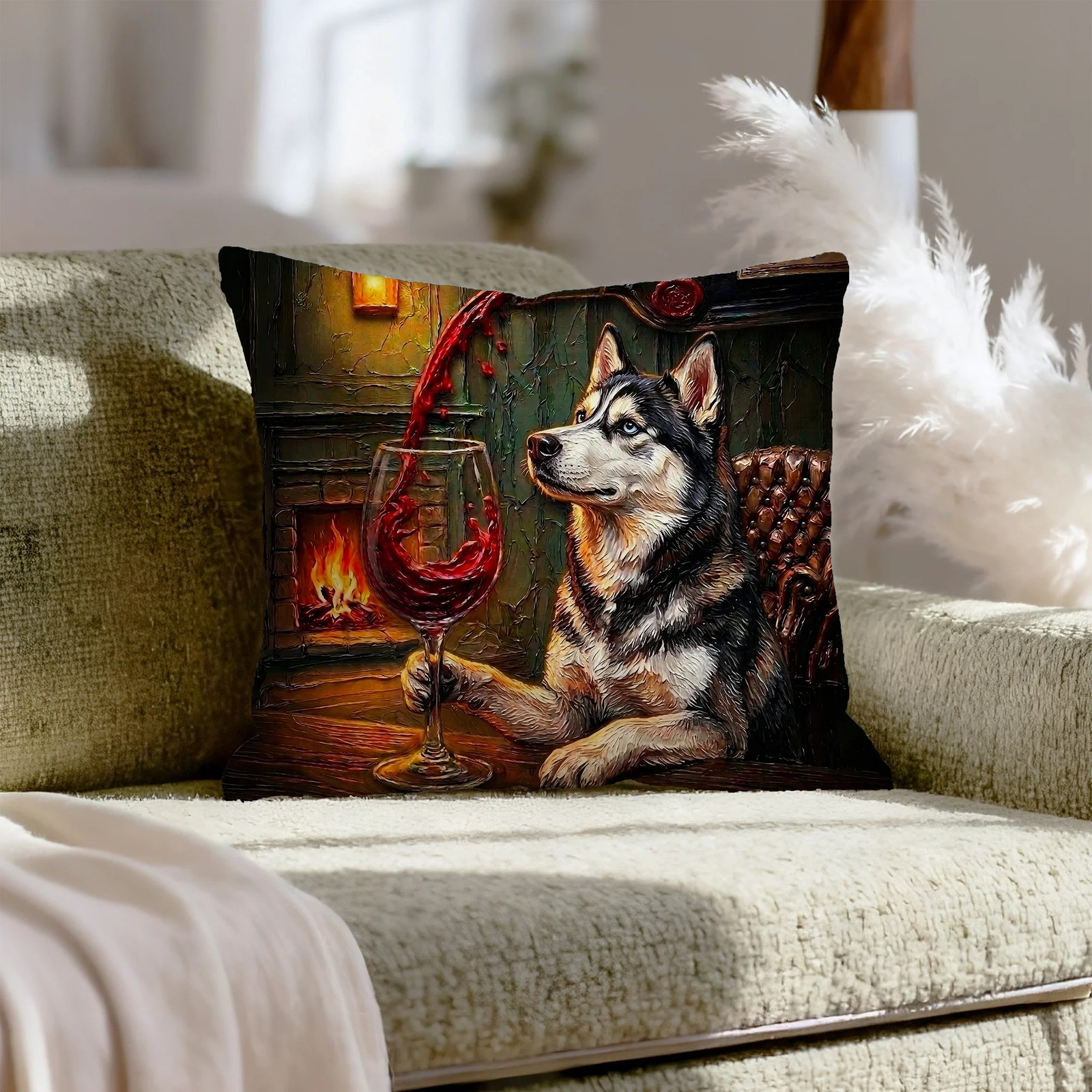 "Wine & Woof" - Husky Pillow Cover - Dog Lover Home Decor