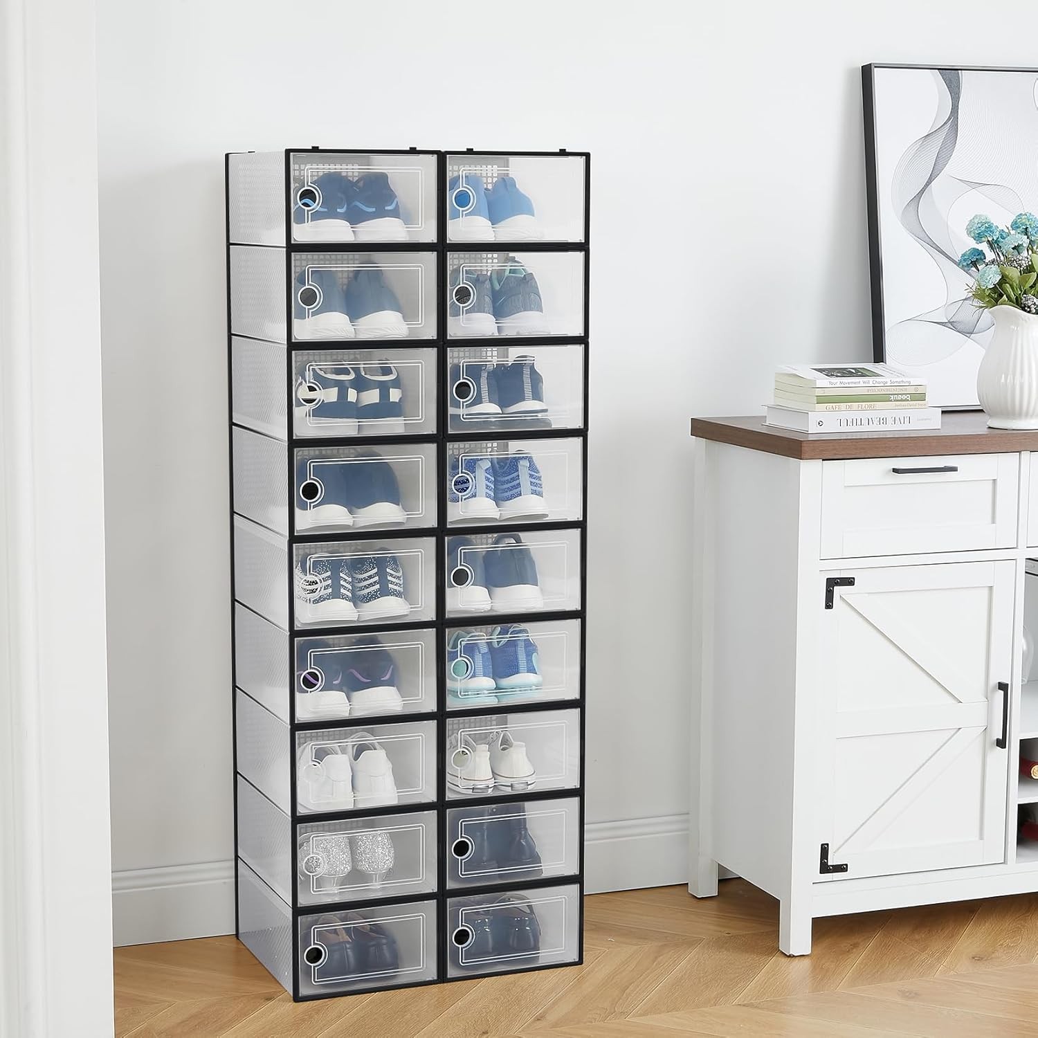 Stackable Clear Shoe Boxes 18 Pack Plastic Shoe Storage for Closet Fit Size 14