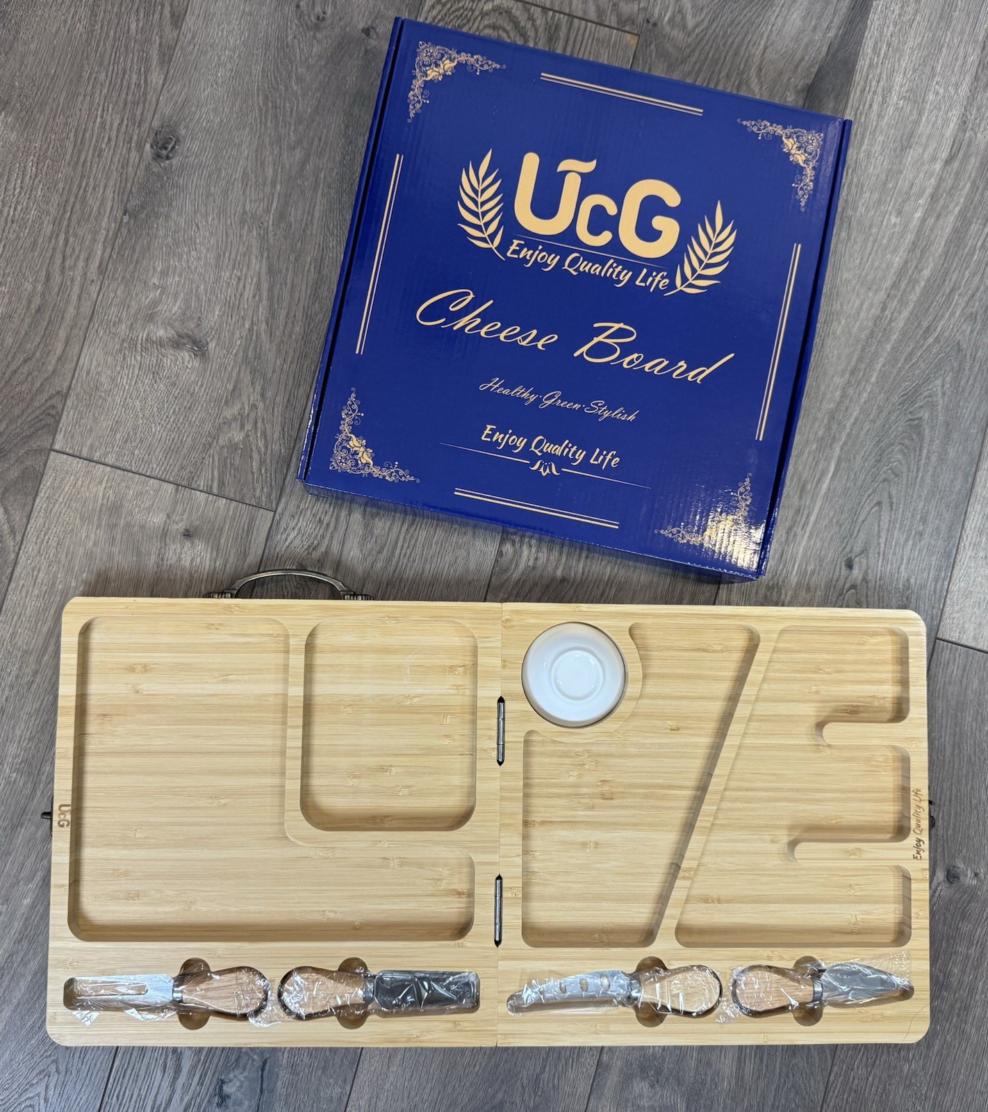 UCG Cheese Charcuterie Bamboo Board with Accessories Folds Easy Storage
