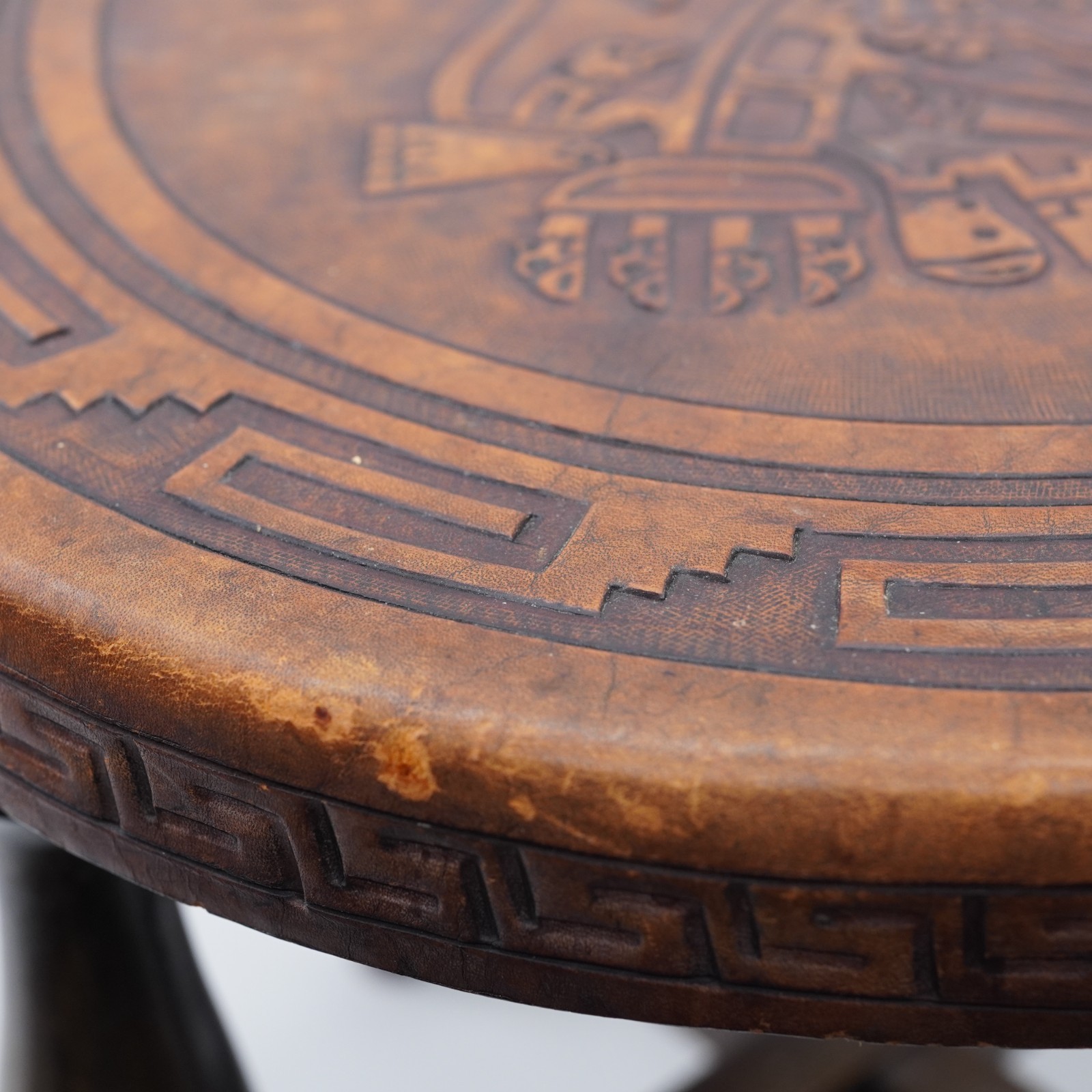 Hand Tooled Leather Top Wooden Stool Ottoman Ethnic Peru Mayan Aztec Warrior