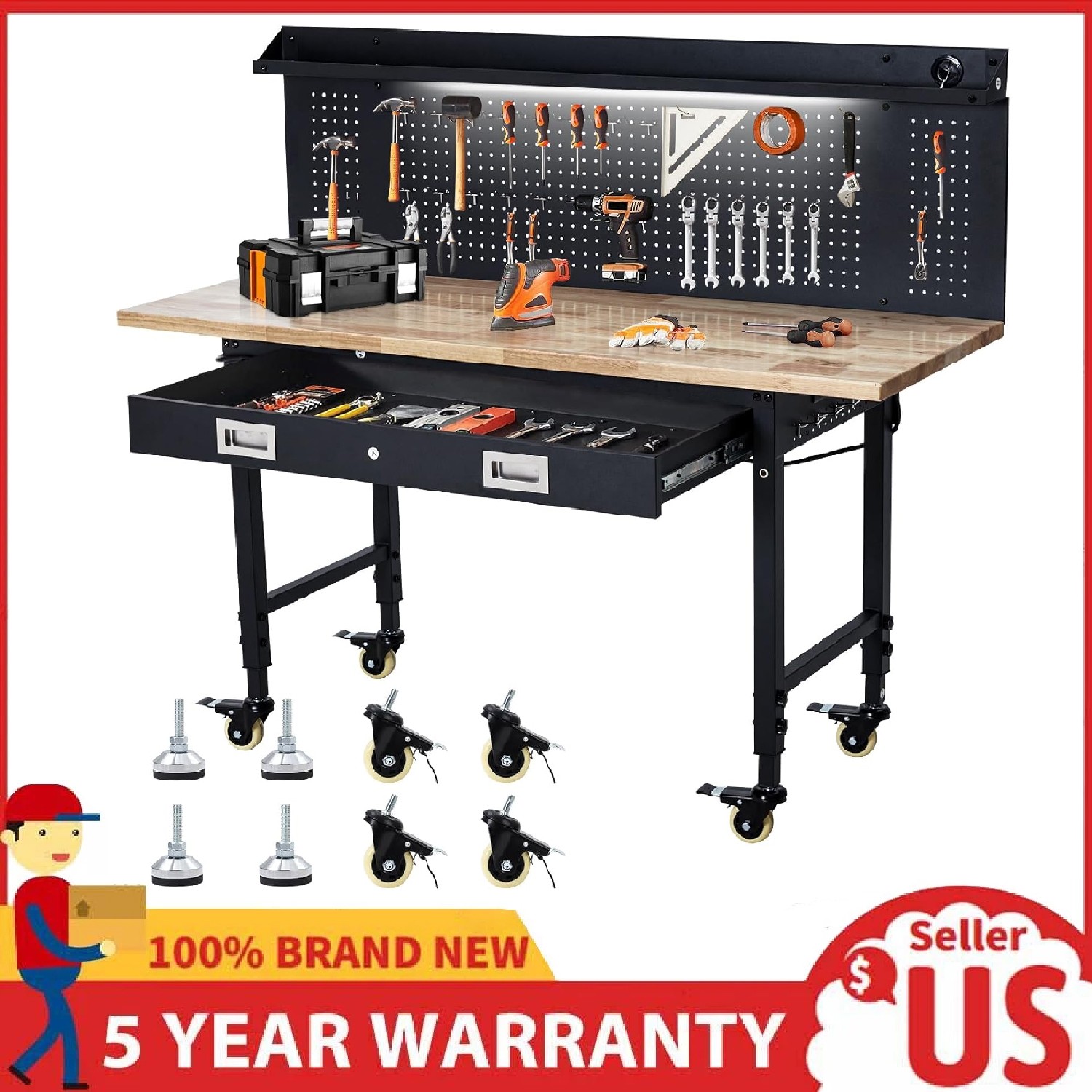 60"x22" Adjustable Workbench for Garage Work Table with Power Outlets & Pegboard