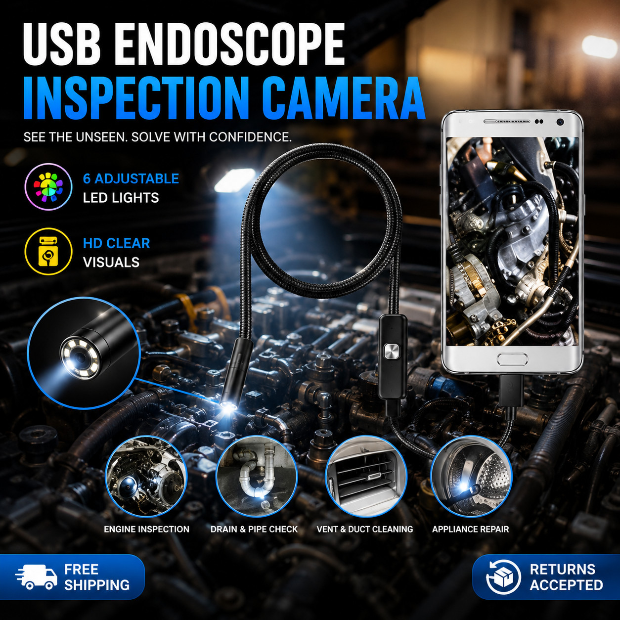 USB Endoscope Camera 7mm 5.5mm IP67 Waterproof 6 LED Android Borescope
