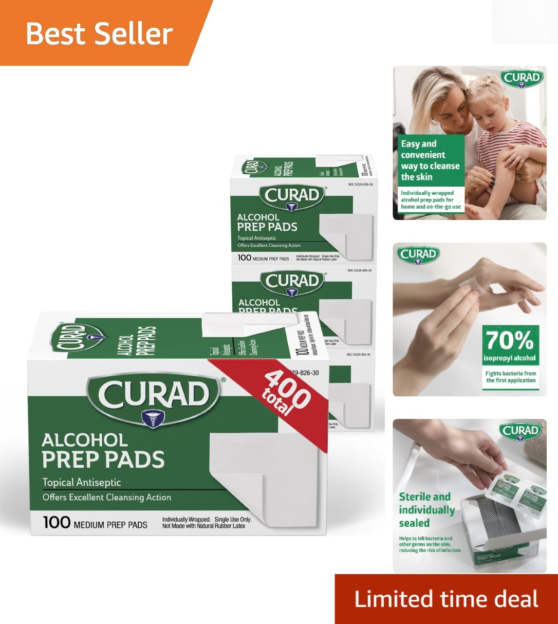 Thick 70% Isopropyl Alcohol Prep Pads - 400 Individually Wrapped Sterile Wipes