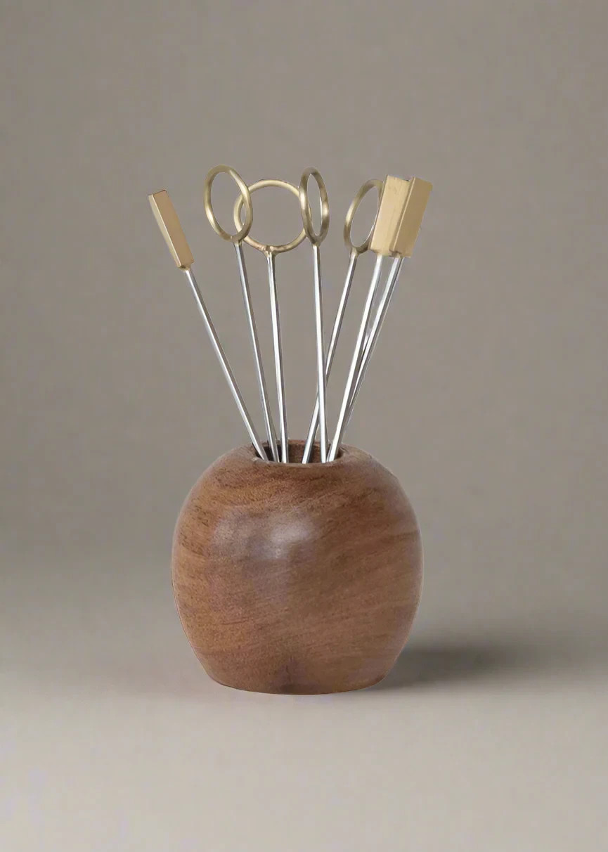 NEW SET 9 WOOD + BRASS/STEEL APPETIZER PICKS