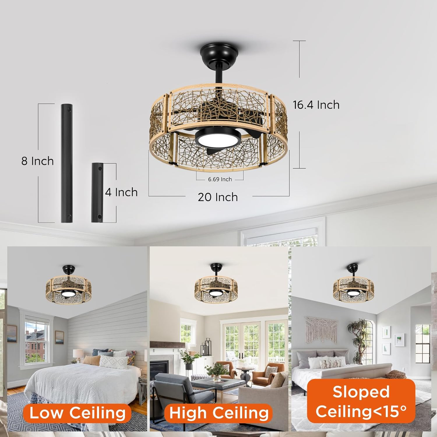 20" Oak Finish Caged Ceiling Fan with Dimmable LED Lights & Remote Control
